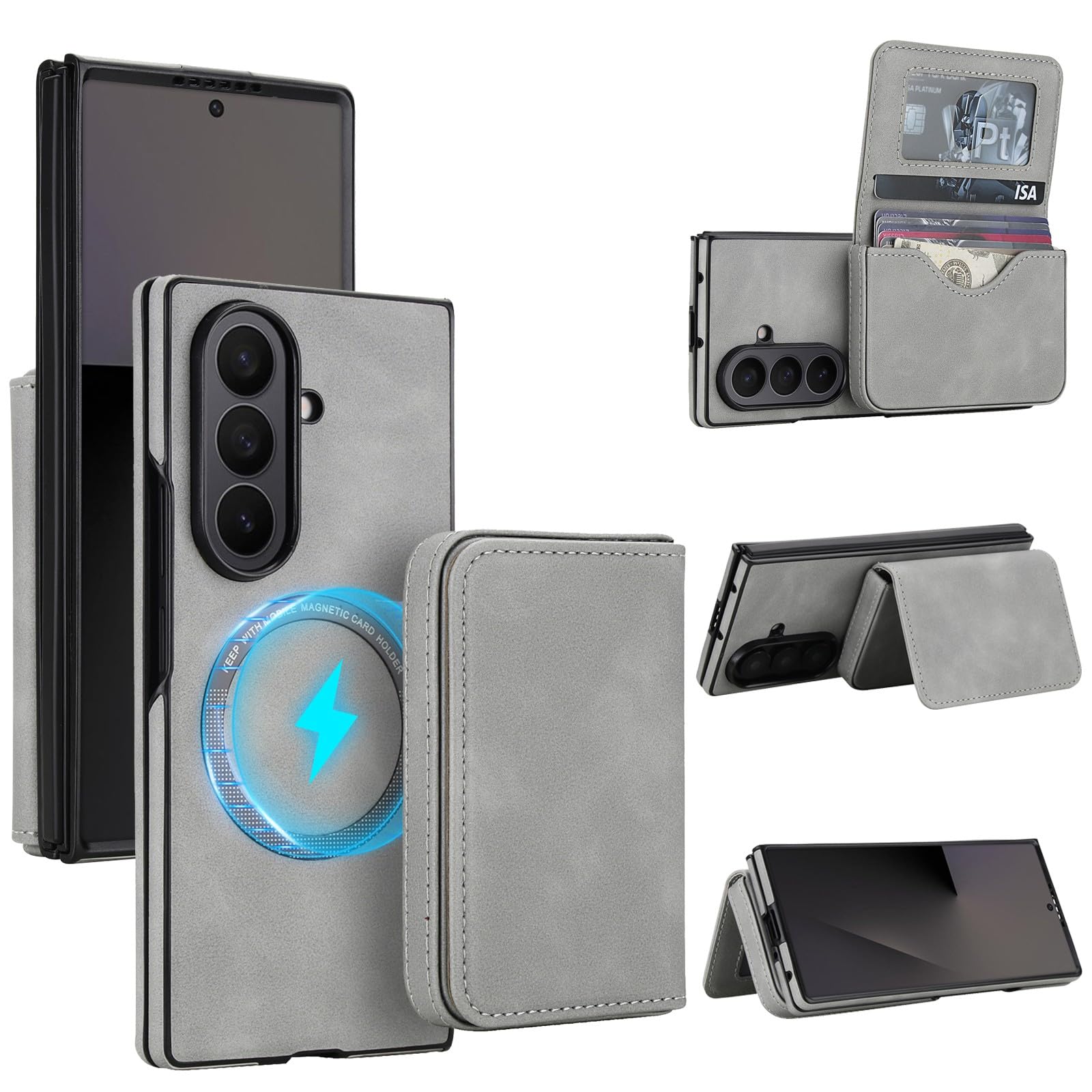Generic Custodia Compatibile con Samsung Galaxy Z Fold 7 (Grigio) Portafoglio Rimovibile Portafoglio Carta Magnetica Flip Cover in Pelle