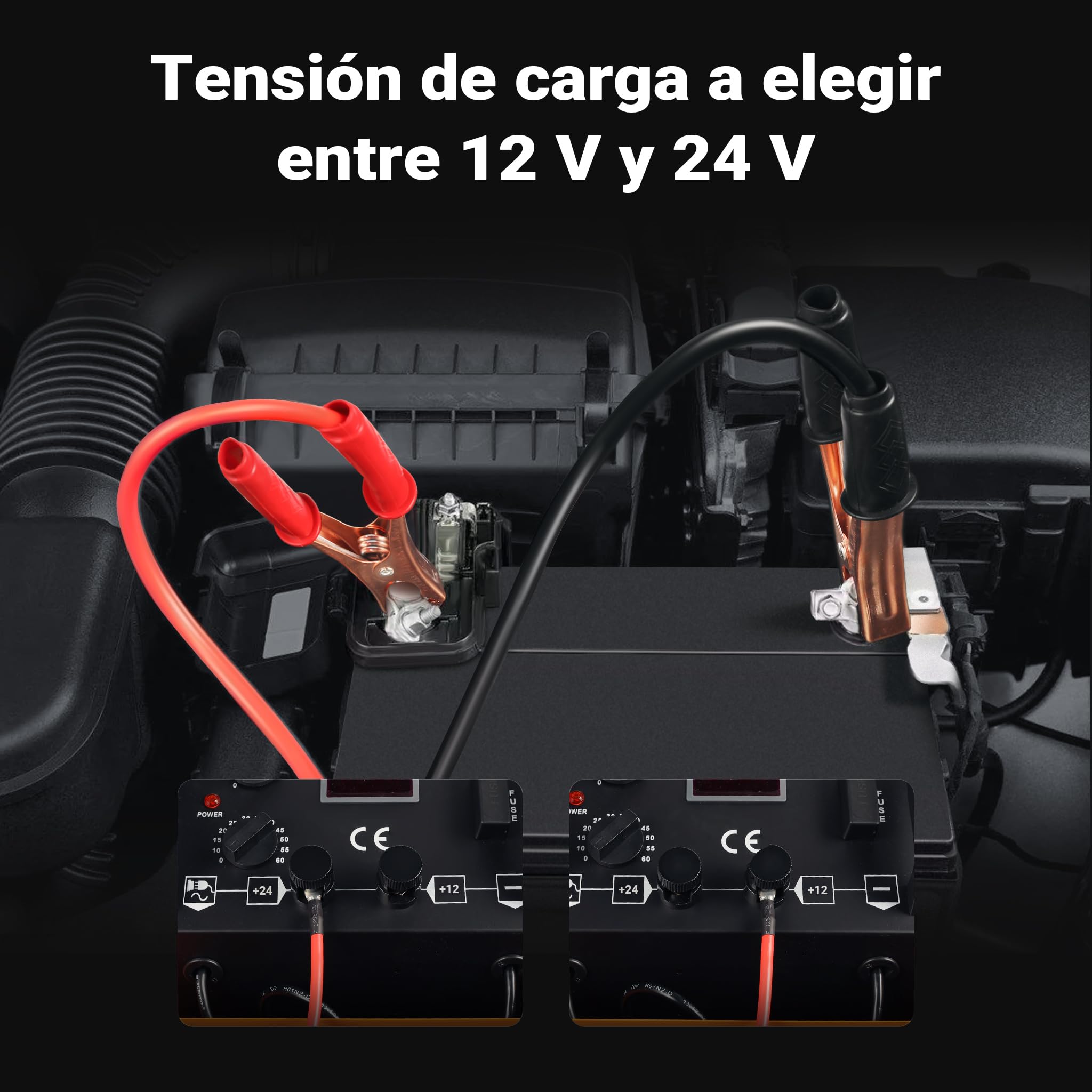 Wiltec Cargador de batería 12 V y 24 V, Cargador móvil con función de Arranque rápido para Coche, Moto y camión, Cargador de batería con Carga rápida