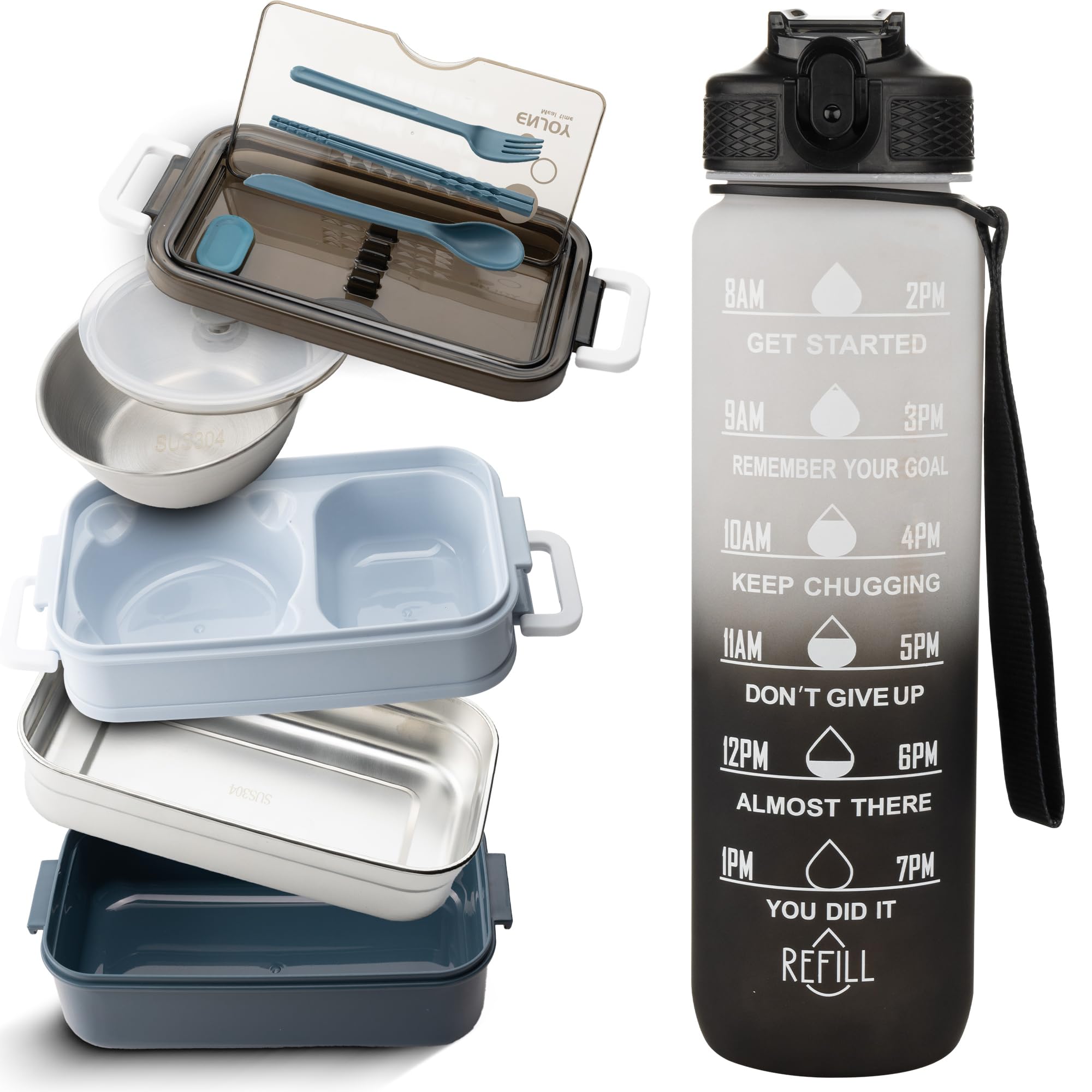 Indeka Home Bento Lunch Box Set - 3 in 1 Bento Lunch Box Set Including 1L Water Bottle, Cutlery Set, and 2L Lunch Box with Compartments - Perfect for Adults, Kids, Office and School.