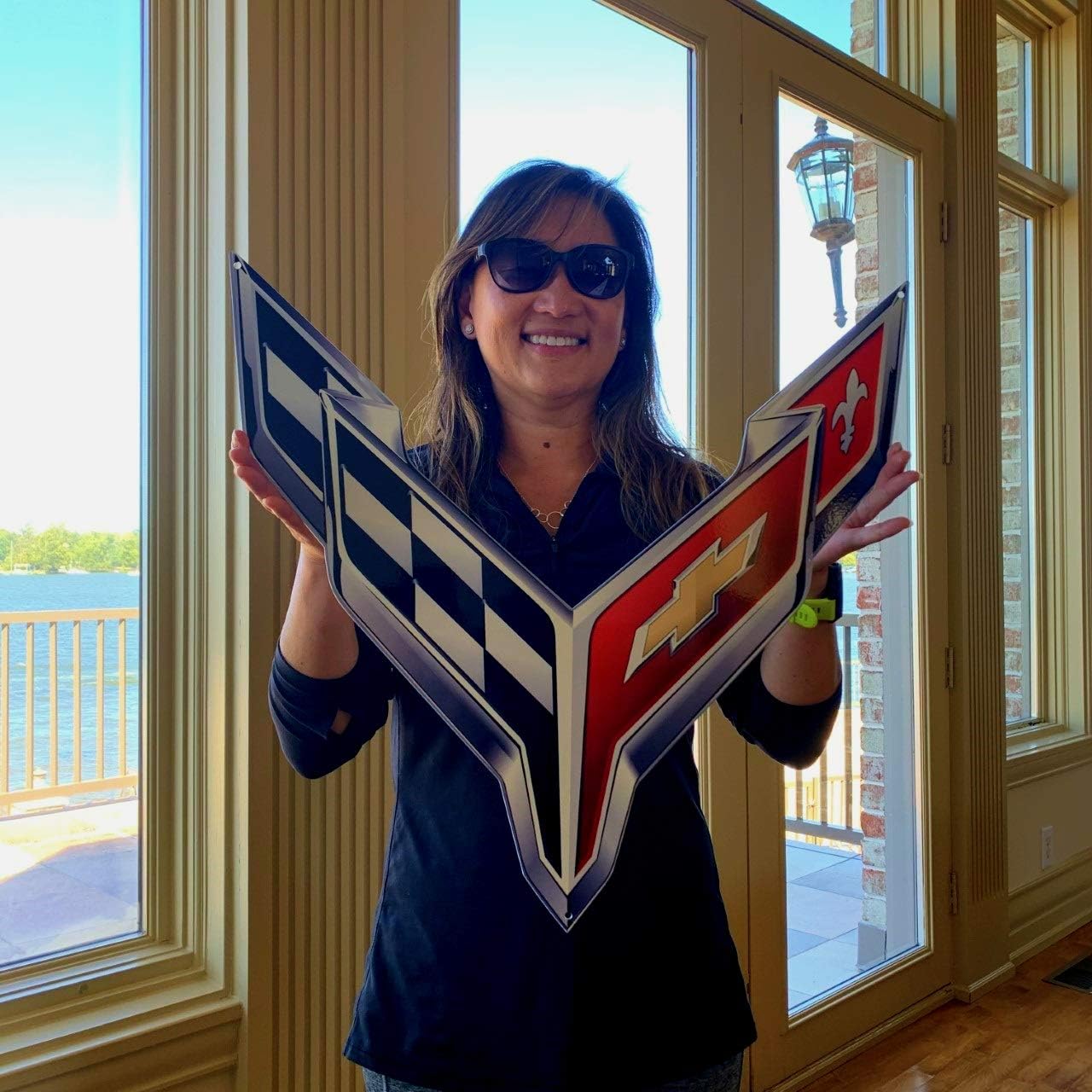 C8 Corvette Crossed Flag Wall Emblem Large Metal Art 2020 + Later Full 20" by 19" in Size Cross Flag