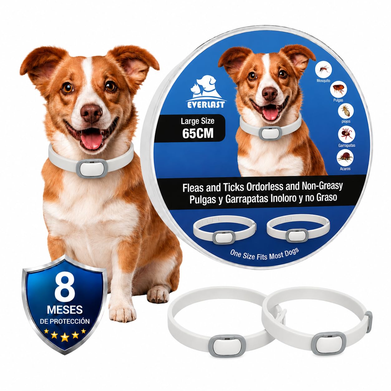 Collare Antiparassitario per Cani - 8 Mesi di Protezione contro Pulci, Zecche, Zanzare e Acari - 65 cm Regolabile, Efficace e Sicuro 100% Naturali (1, BIANCO, 65CM)
