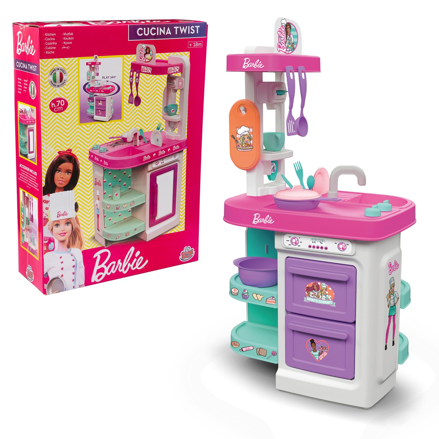Grandi Giochi - Barbie Cucina Twist, cucina bifacciale 75 cm con tanti accessori - BAR49000