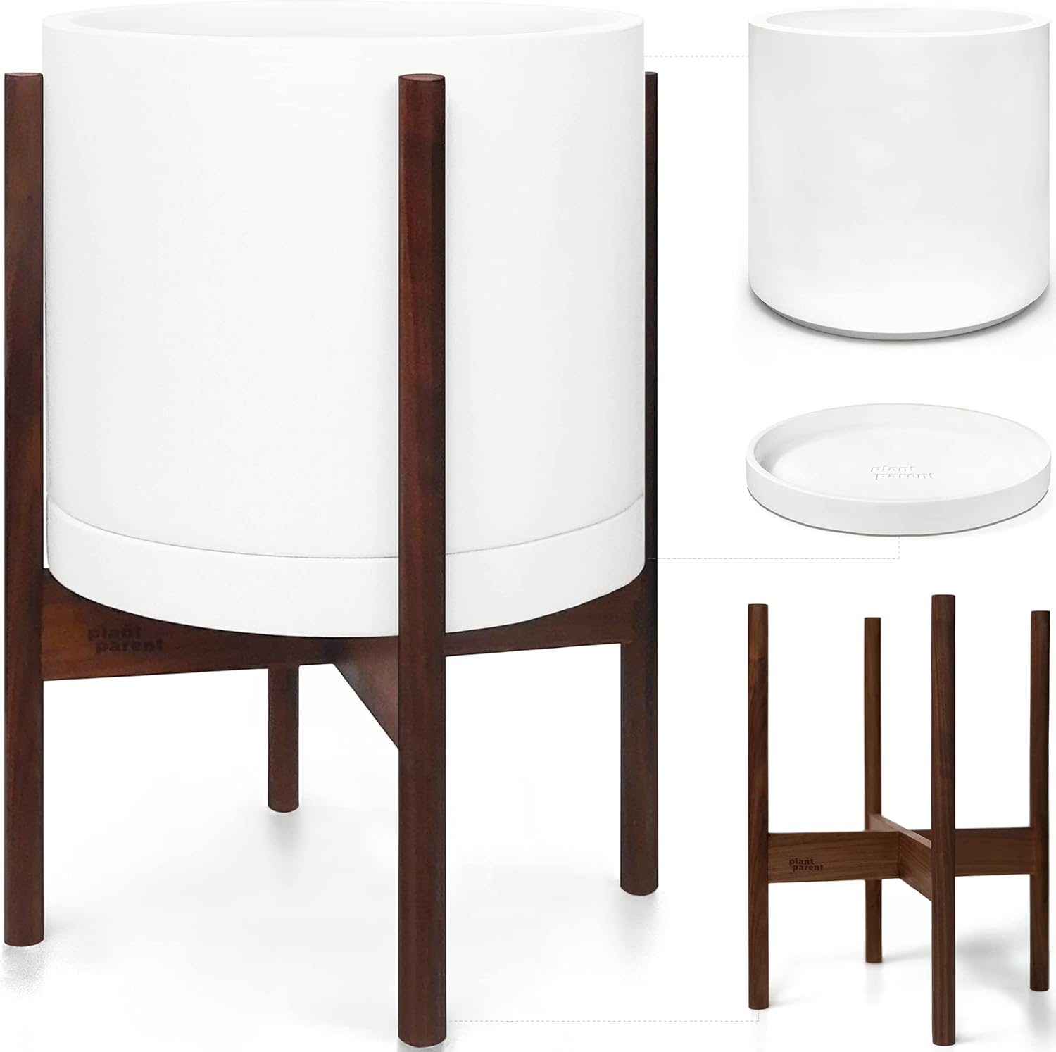 PLANT PARENT Mid Century Plant Stand with Pot Included – White 10 Inch Modern Planter with Stand with Drainage – Plant Pot with Stand for Monstera Pot Snake Plant Pot – Floor Indoor Planter with Stand 10 inch White