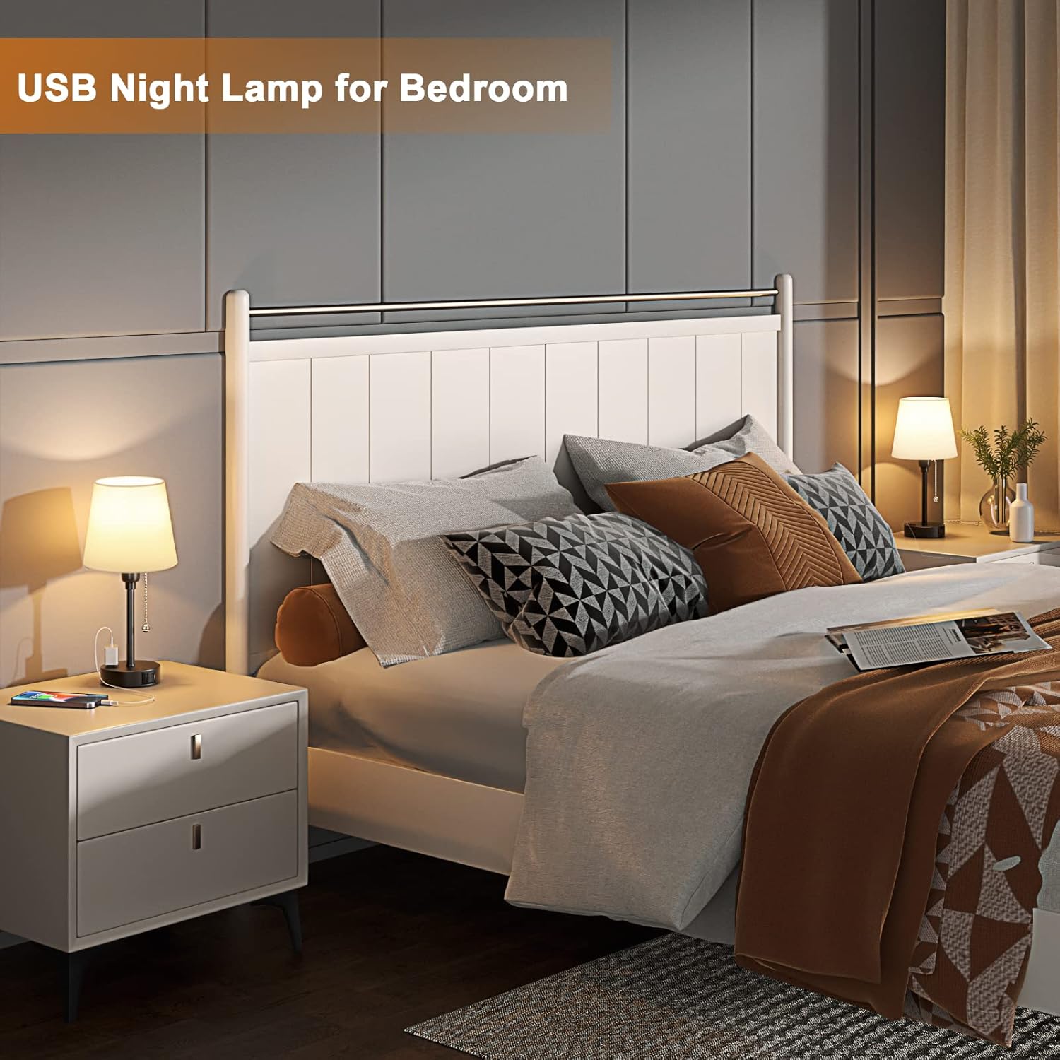 Bedside Lamps for Bedrooms Set of 2 Nightstand - Table Lamp with 3 Color Modes 2700K-5000K, Small Lamp with USB C+A Charging Port and AC Outlet, White Lamp for Side Table, Mini Bed Side Lamp for Kids