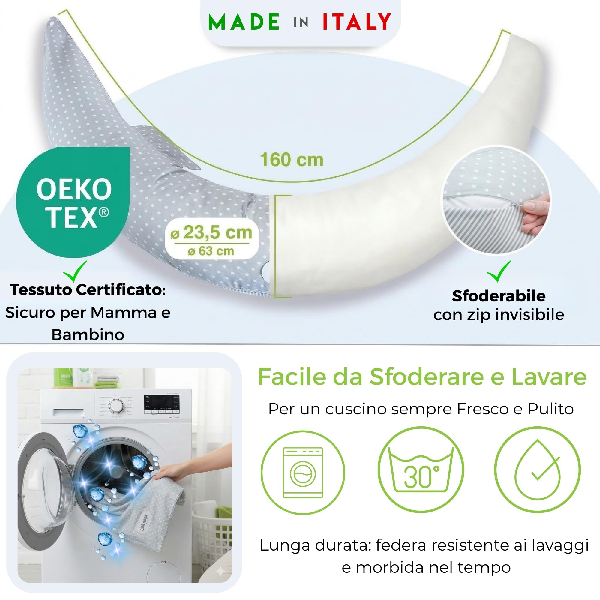 Dilamababy Cuscino Gravidanza Fiocchi di Memory e Fiber Made in Italy – Comodo per Dormire e per Allattamento - Supporto Ergonomico Pancia, Schiena, Gambe con Federa Sfoderabile e Lavabile
