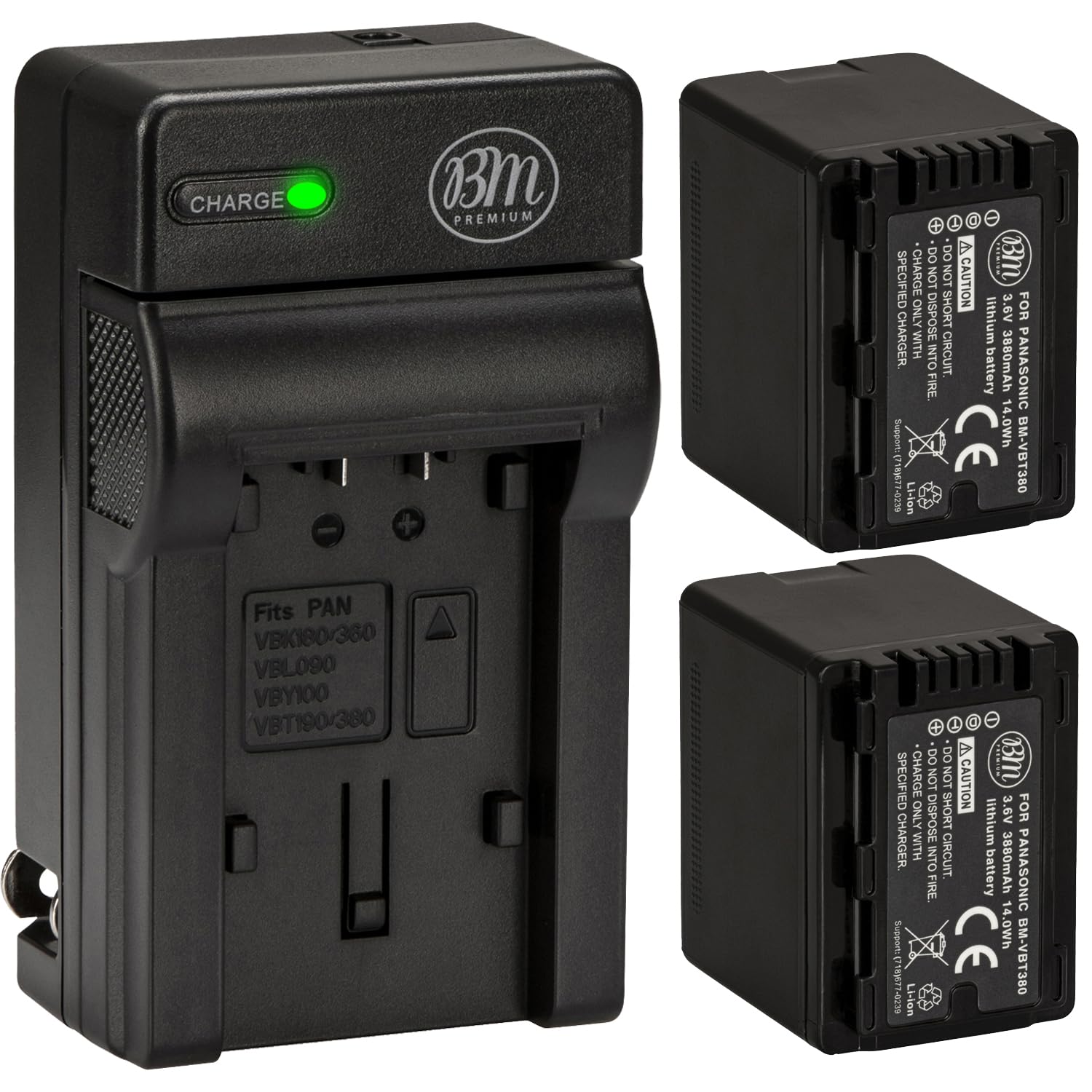 BM Premium 2 VW-VBT380 Batteries and Charger for Panasonic HC-V800K, HC-VX1K, HC-WXF1K, HCV510, HCV520, HC-V550, HCV710, HC-V720, HC-V750, HC-V770, HC-VX870, HC-VX981, HCW580, HC-W850, HC-WXF991