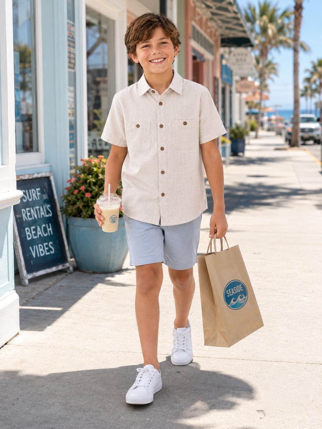 Alix & Belle Boys Linen Blend Button Down Shirt, Short Sleeve Collared Summer Shirt with Chest Pockets
