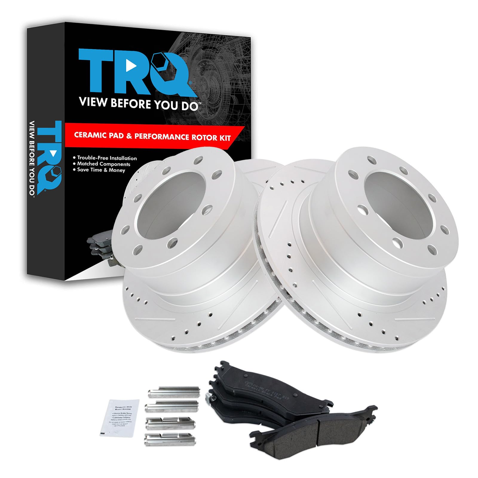 TRQ Rear Brake Pad and Rotor Set Ceramic G Coated Drilled Slotted Vented Rotors Compatible with 2006-2008 Dodge Ram 1500 2003-2008 Ram 2500 Ram 3500