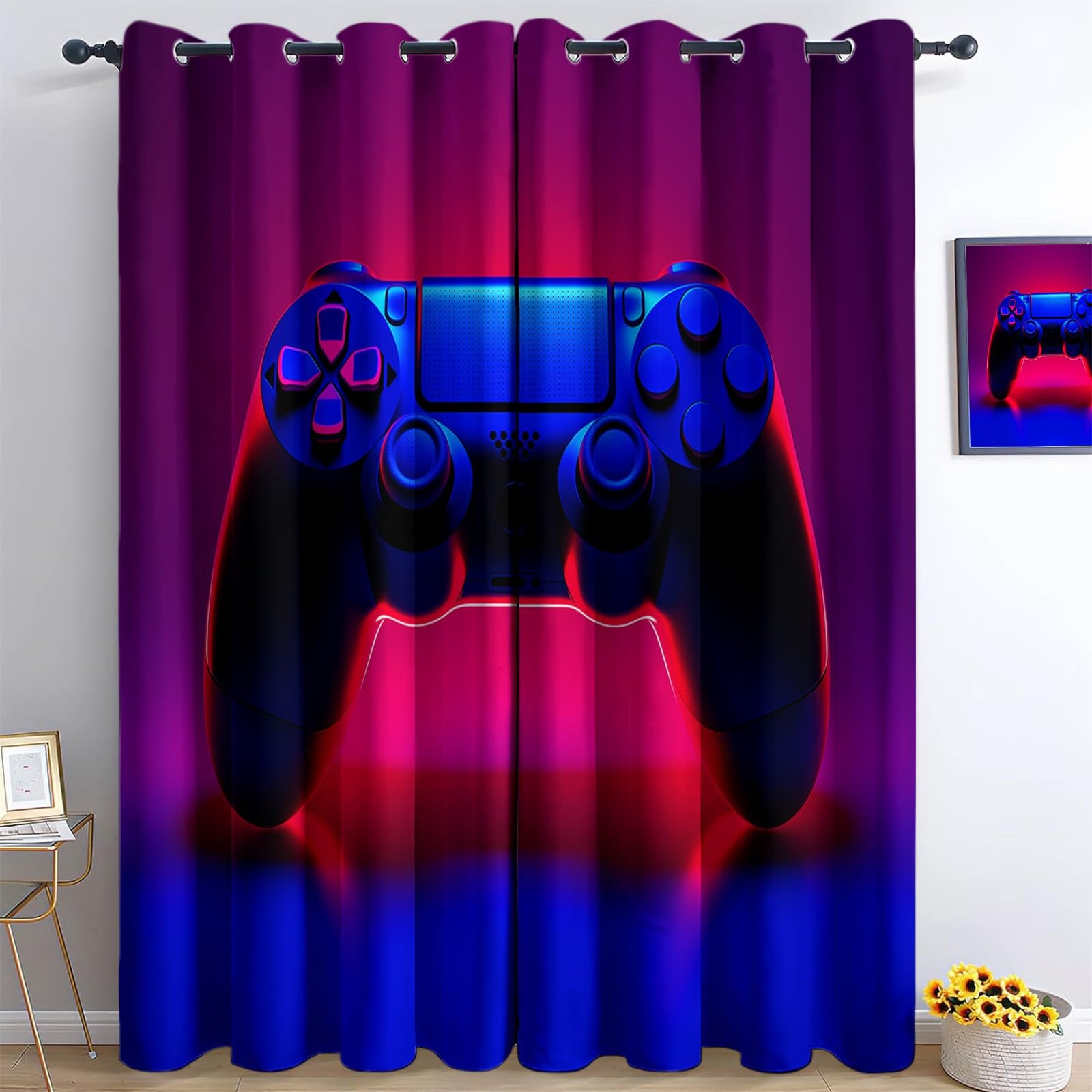 Gaming/E Sport - Juego de 2 cortinas térmicas, con efecto luminoso, neón, mando de neón, 140 x 260 cm, juego de 2 cortinas, salón, interior, hogar, opaco, aislante térmico, antifrío, rosa