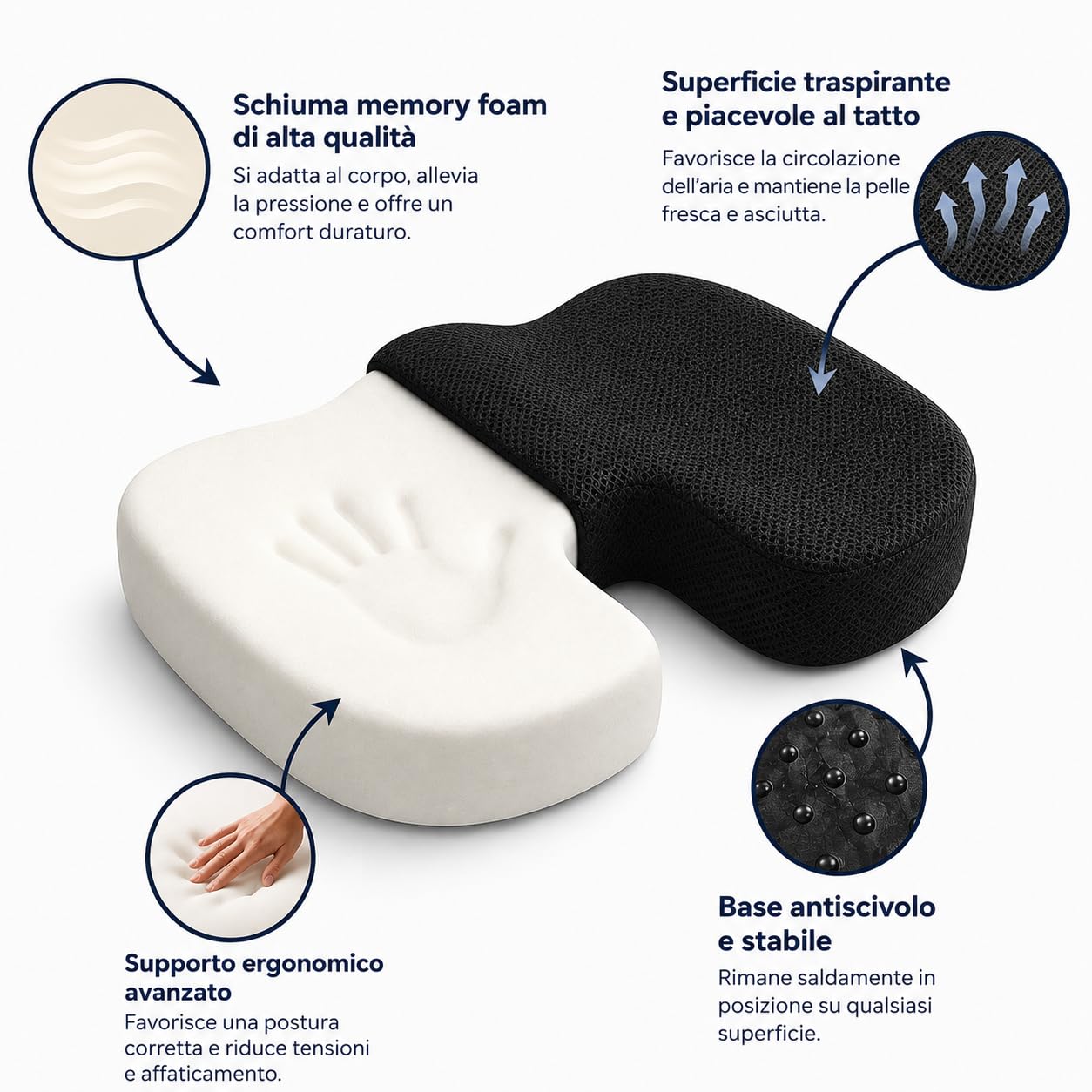 Cuscino Ortopedico Memory Foam Premium Rinfrescante per Coccige, Cuscino Antidecubito Ergonomico per Sedia Ufficio Auto Casa, Supporto Lombare Postura con Fodera Traspirante Lavabile Antiscivolo