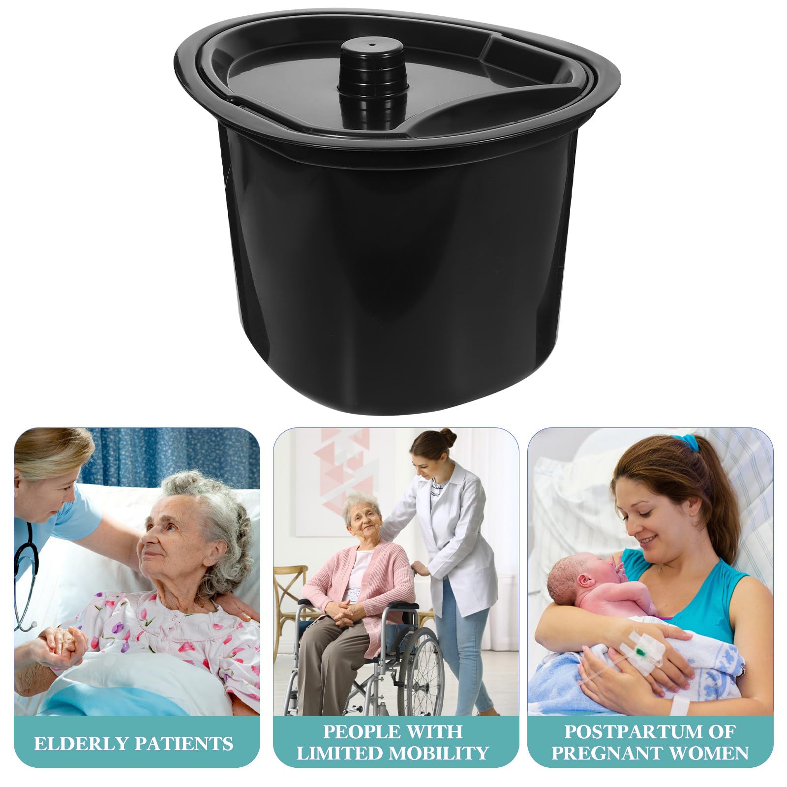 Pot de Chambre Adulte Noir 5l en Plastique avec Couvercle, Facile à Transporter, Design Ergonomique pour Patients et Personnes Handicapées