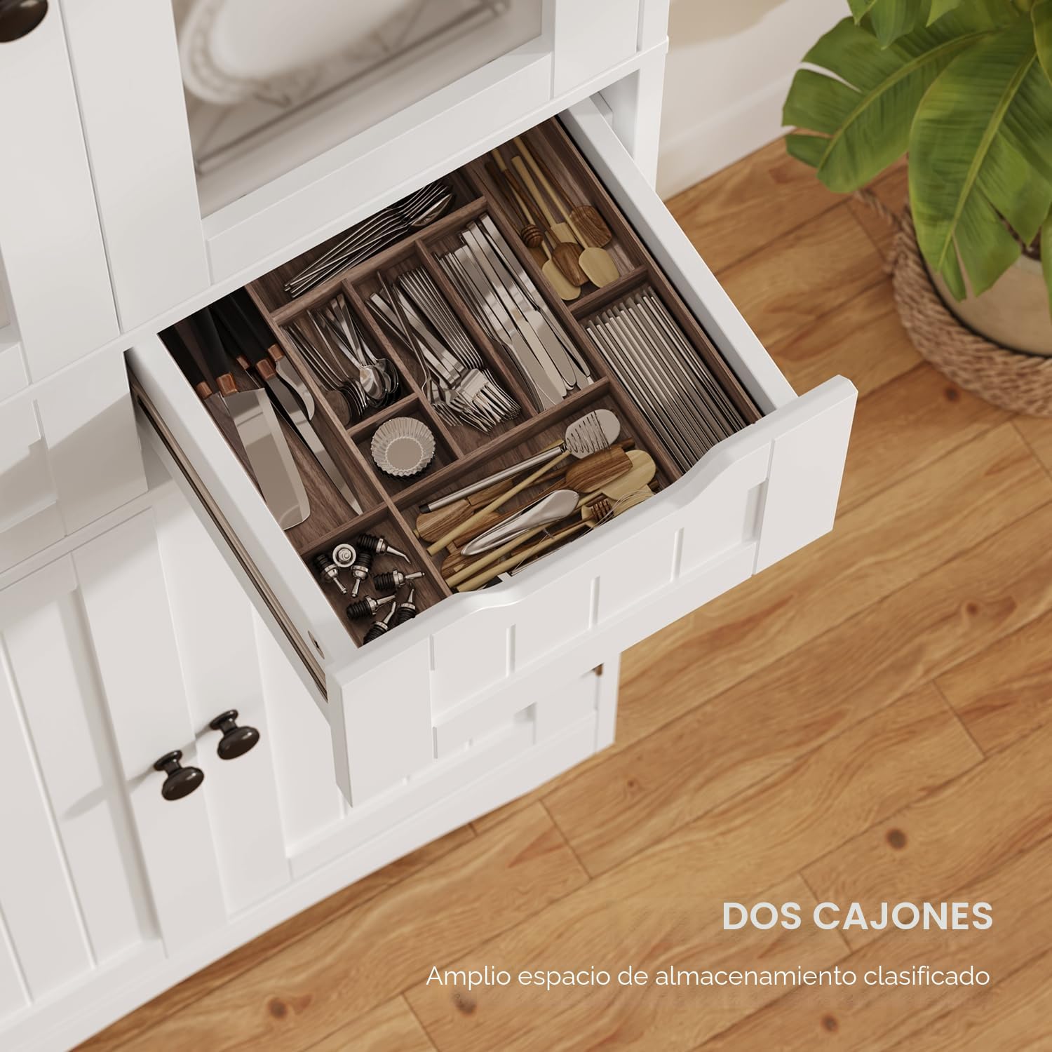 Xbro Armario Alto de Cocina, 170 x 30 x 60cm, Mueble Cocina Alto 4 Puertas y 2 Cajones, Armario de Vitrina con Estantes Laterales, Salón y Comedor (Blanco)