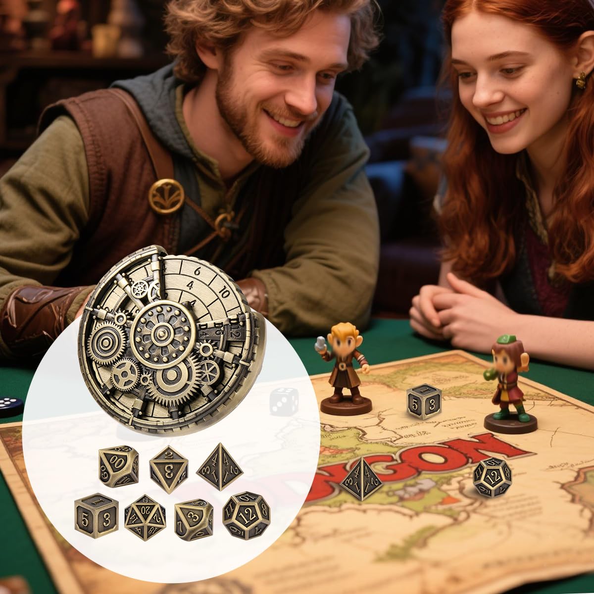 Jeu de Roulette Dés D&D en Métal, 7-en-1 Métallique Engrenage Spinner + 7 Dés DND Polyédriques en Métal, Cadeaux D&D avec Boîte Cadeau, RPG, MTG, Jeux de Tableau, Accessoires pour Jeux de Rôle, Bronze