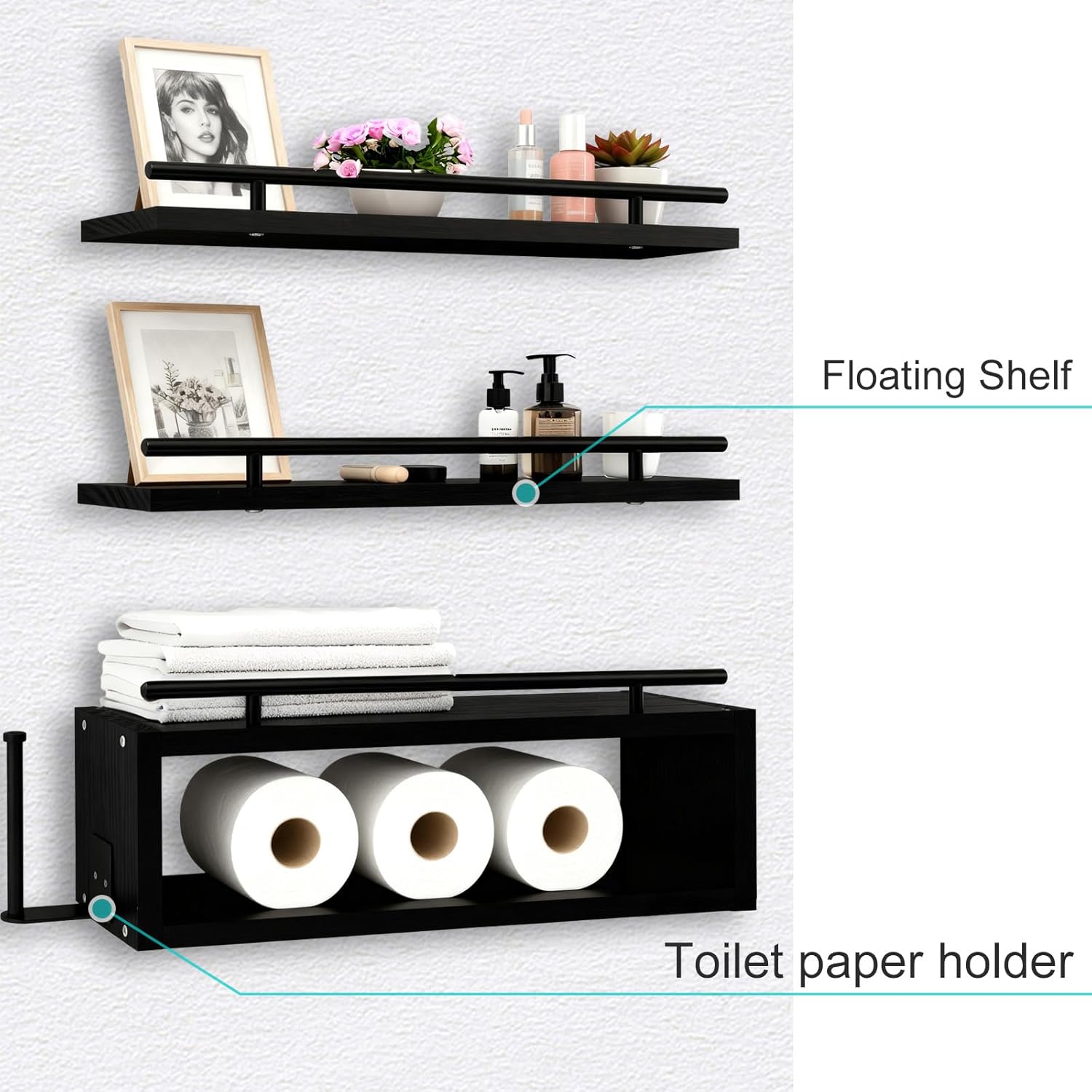 OurWarm Wood Floating Shelves for Wall Set of 3, Black Bathroom Shelves Over Toilet Organizer with Paper Towel Holder, Black Wall Shelves for Bedroom Kitchen Living Room Decor