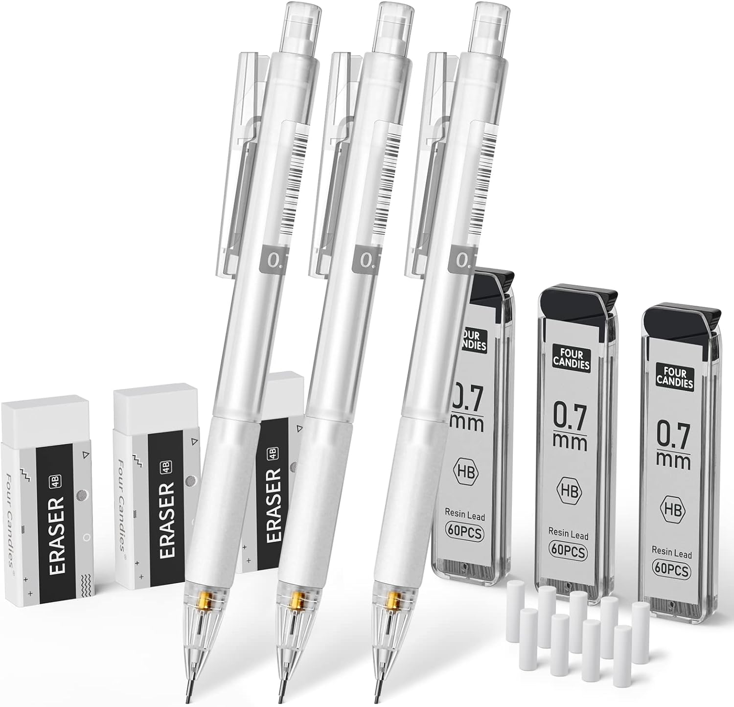 Four Candies Mechanical Pencil Set with Case 3PCS 0.7mm Clear
