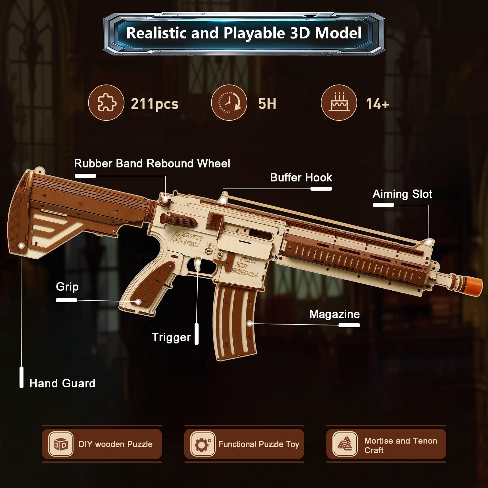 Drewniane puzzle 3D dla dorosłych w wieku od 14 lat, fajne gumki, pistolet, zabawki, zestawy montażowe, DIY, rękodzieło, hobby, urodziny, dla mężczyzn i kobiet, 211 szt