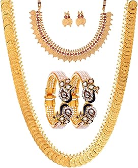 ZENEMEJewellery Set Gold Plated Pearl Studded Bangles Jewelry, Long Maharani Temple Coin Necklace, Short Red Green Necklace Set with Earring Jewellery for Women and Girl