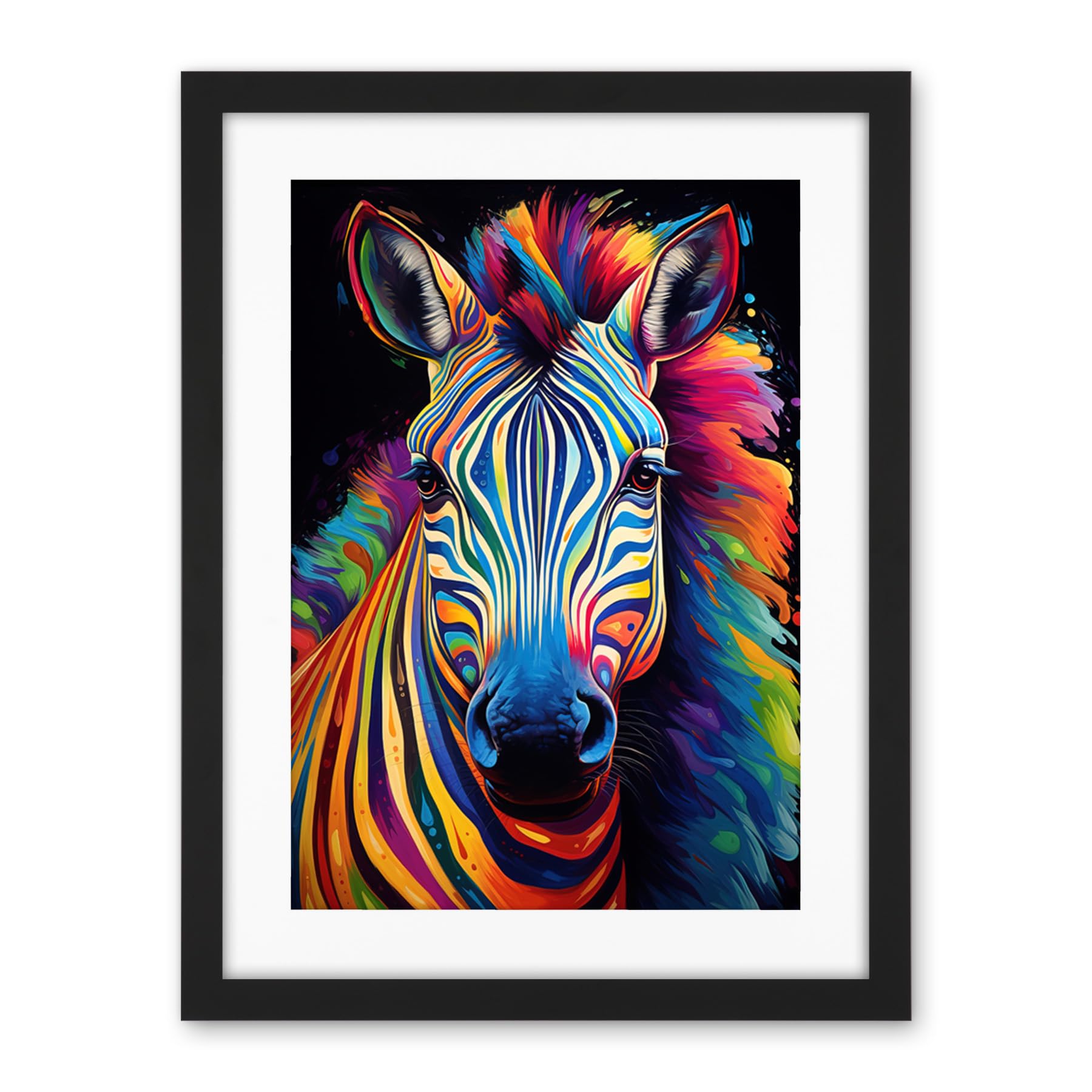 Artery8 Rainbow Striped Zebra Colourful Vibrant Bold Psychedelic Neon Impact Artwork Framed Wall Art Print 18X24 Inch