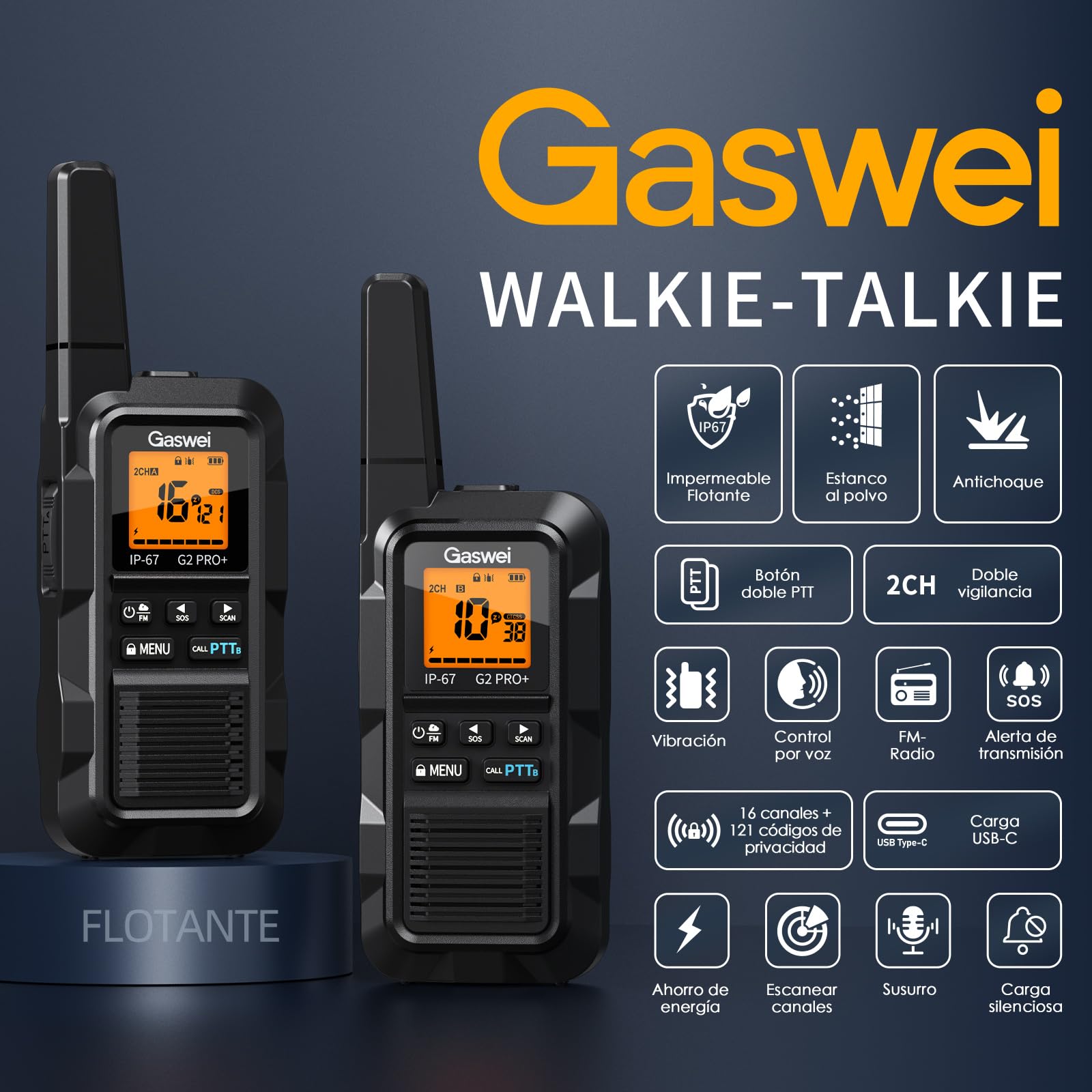 Gaswei G2Pro Walkie-talkies Profesionales para Adultos [IP67 Resistentes al Agua y flotantes] Radio de Largo Alcance con Doble PTT, Alarma SOS, Radio FM (2 Unidades - Negro) - 2