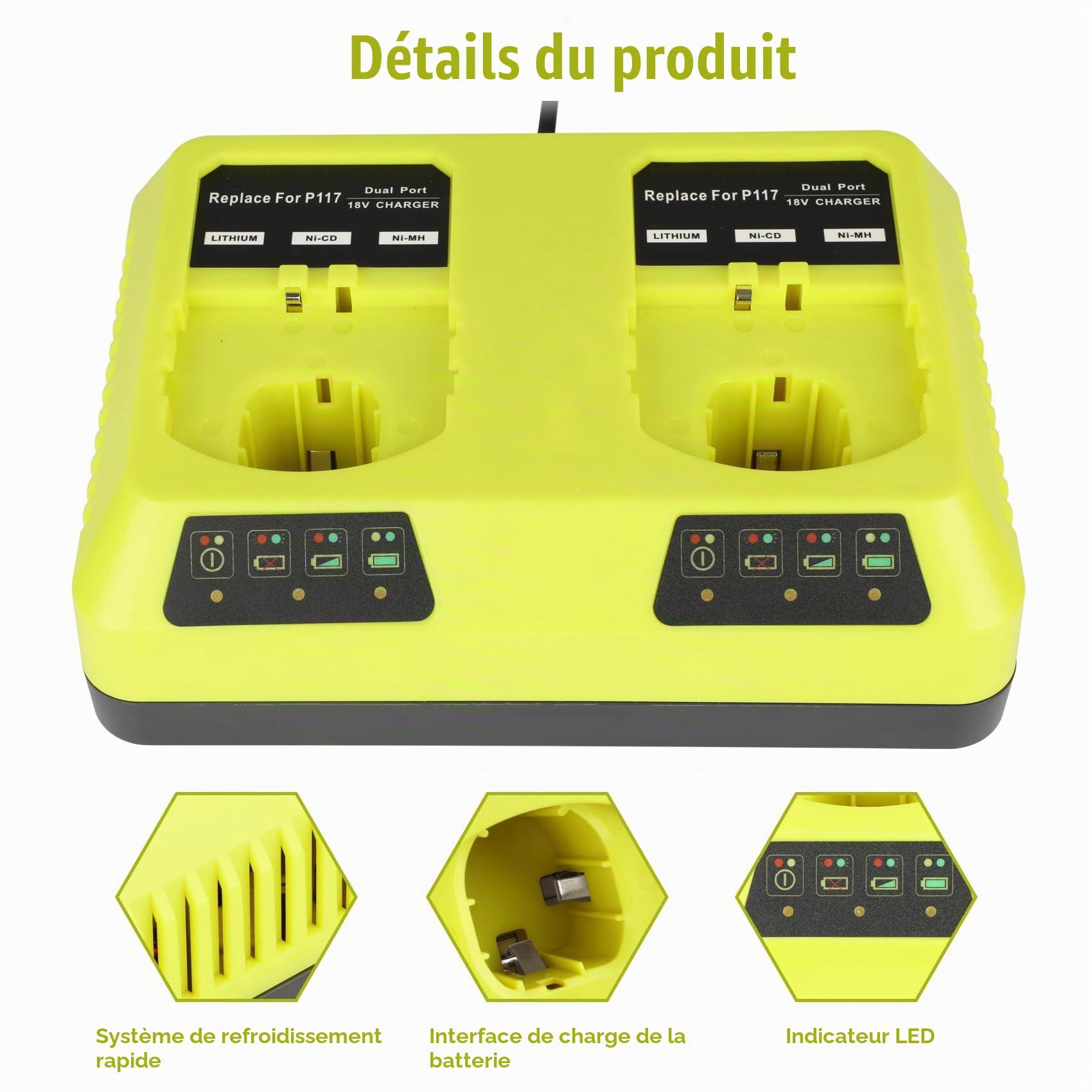 KUNLUN P117 Chargeur pour Ryobi 18V Batterie, 2 Ports Chargeur de Remplacement pour Ryobi One+ P108 P107 P104 P105 P102 P103 P117 Batterie Li-ION/Ni-Mh | Compatible avec les batteries lithium-ion Ryobi 18 V P102 P108 P189 P197 P103 P105 P107 P190 P191 PBP