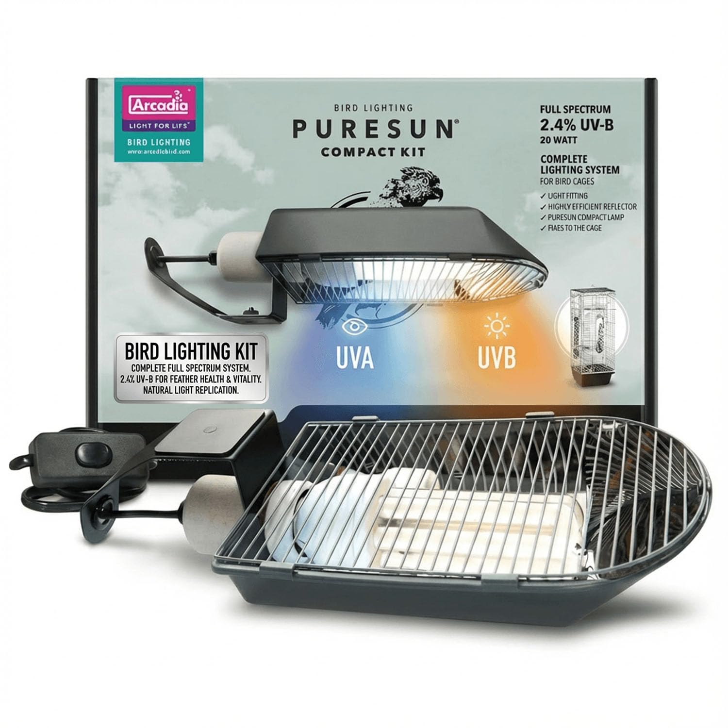 Arcadia Puresun Compact Bird Lighting Kit 20 Watts 2.4% UVB – Complete Full Spectrum UVB Light Fixture for Indoor Bird Lights, Habitats and Aviaries, Long Lasting Easy to Use Avian Illumination Setup