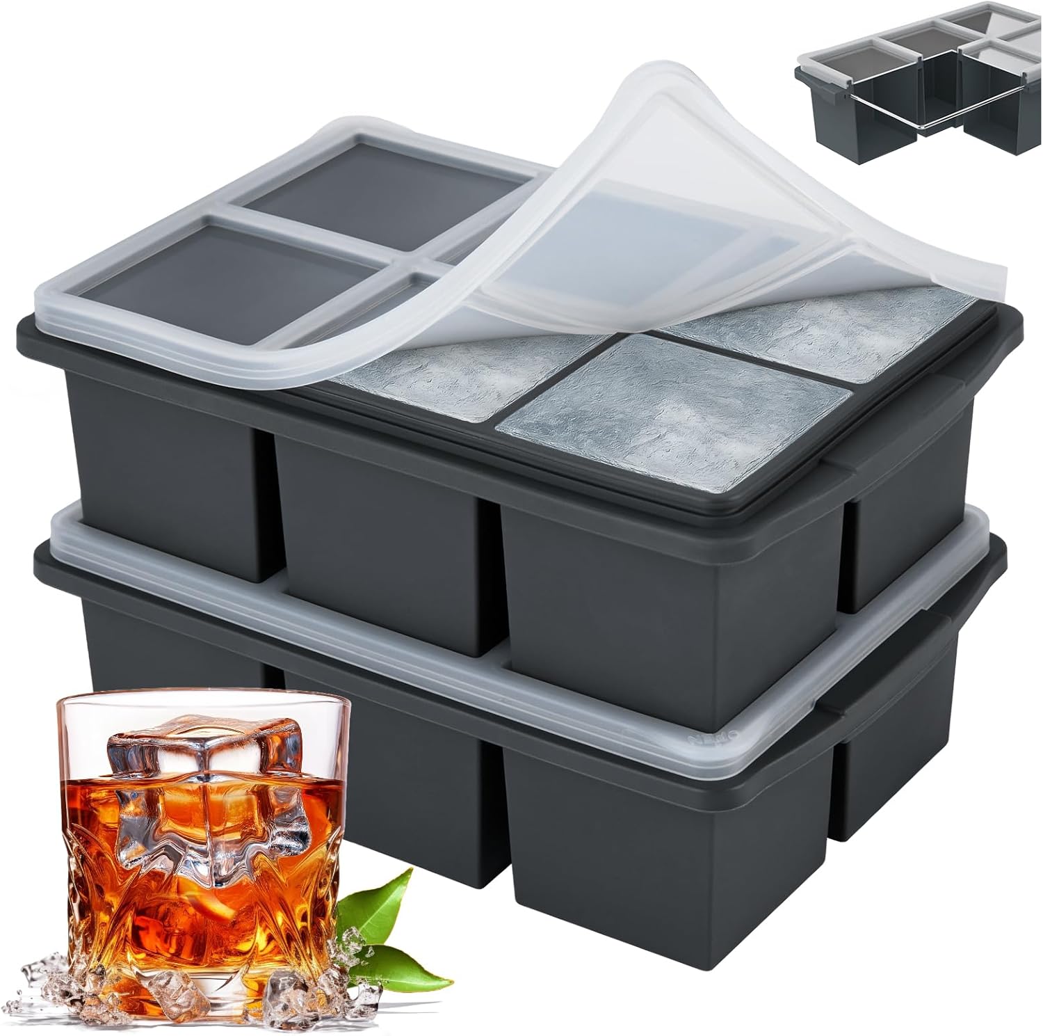 Large Ice Cube Trays for Whiskey, Silicone Ice Cube Tray, with Reinforced Steel Ring Top, Makes 12 perfect 2-in ice cubes, Square Ice Tray for Cocktails, Whiskey, Coffee. (2 Pack)