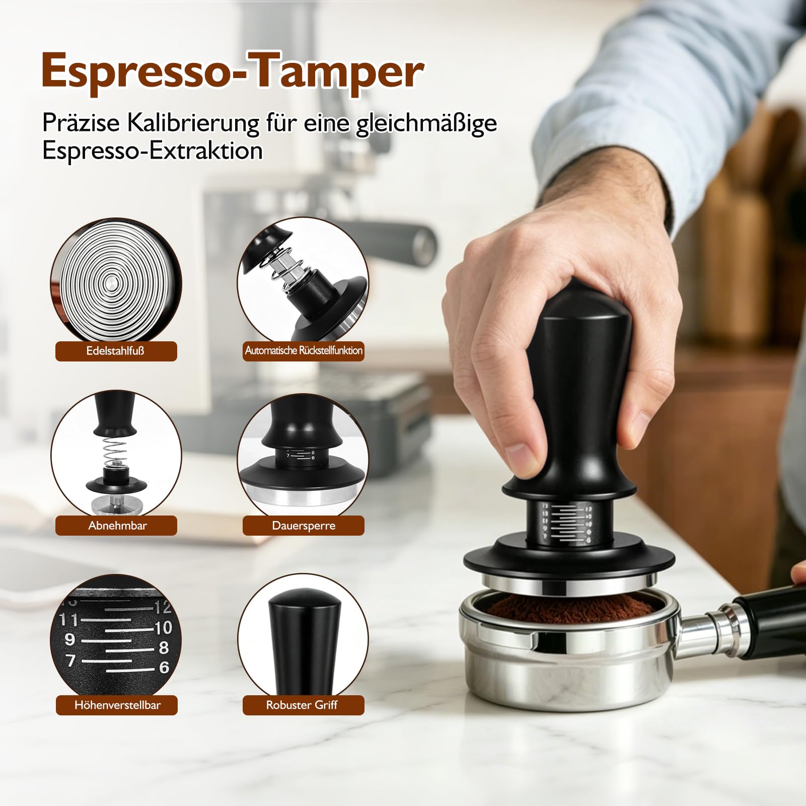 Espresso Tamper 58mm Set, 7-teiliges Barista Zubehör mit Tamper, WDT Tool, Distributor, Dosiertrichter, Puck Screen, Tamperstation und Reinigungsbürste