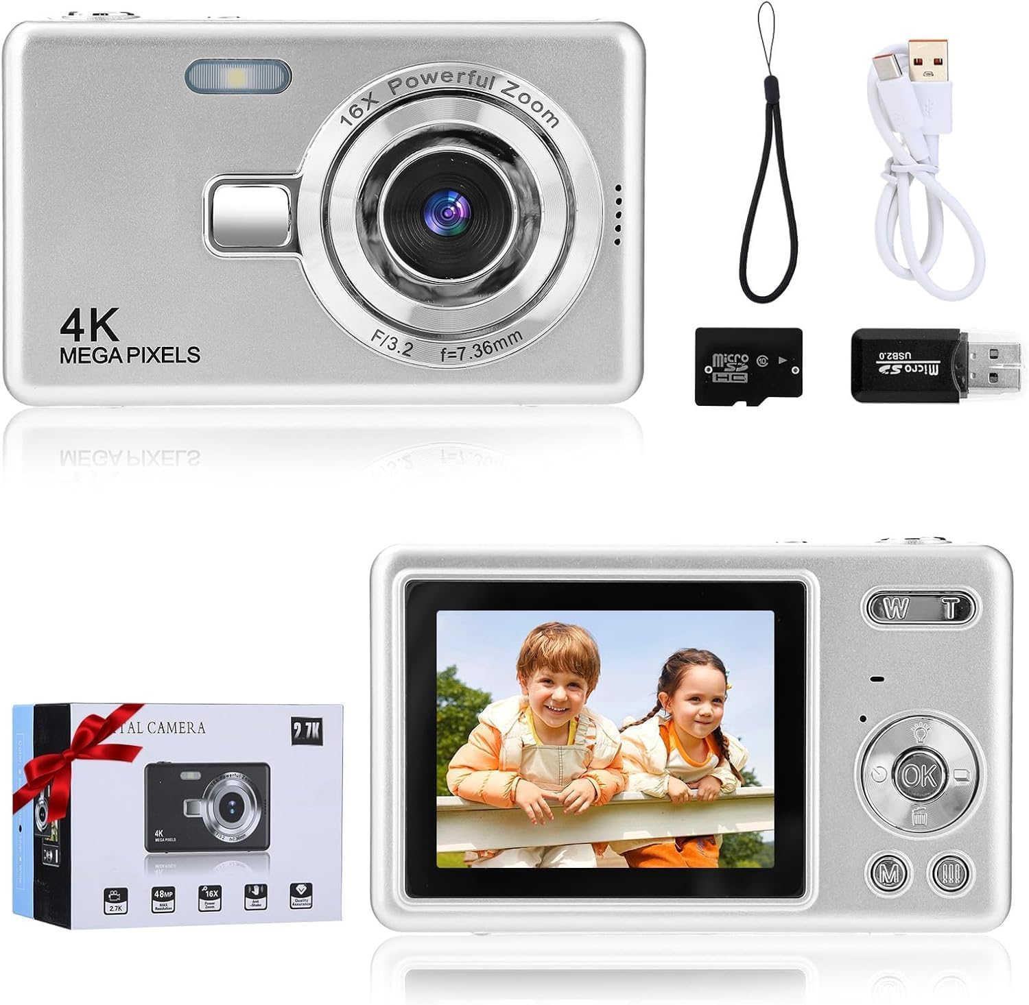 Cámara digital – 1080P FHD 44MP con pantalla LCD de 2.4 pulgadas, cámara de fotos compacta portátil con tarjeta SD de 32 GB, zoom digital de 16X para niños, adolescentes, estudiantes, principiantes