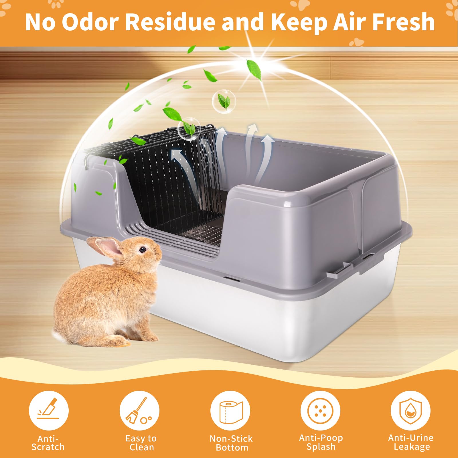 Zuqqony XL Rabbit Litter Box, 23.6" L x 15.7" W x 12.4" H Stainless Steel Rabbit Litter Box with Lid, Hay Feeder with Hooks, Footed Metal Grid, Easy to Clean for Medium and Large Rabbits - image 6