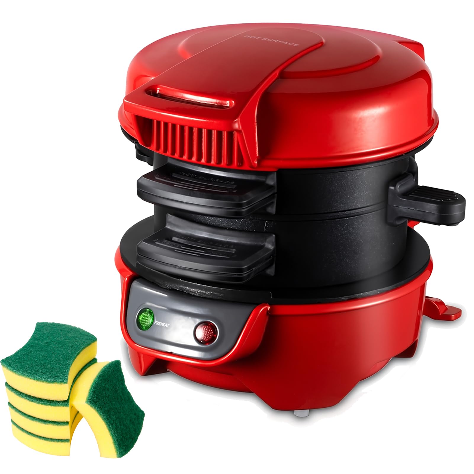 Mini Grill Burger Machine, Macchina elettrica per muffin da colazione con pressa antiaderente per panini e anello per cuocere le uova, Piastra riscaldante su entrambi i lati, versatile tostiera Red