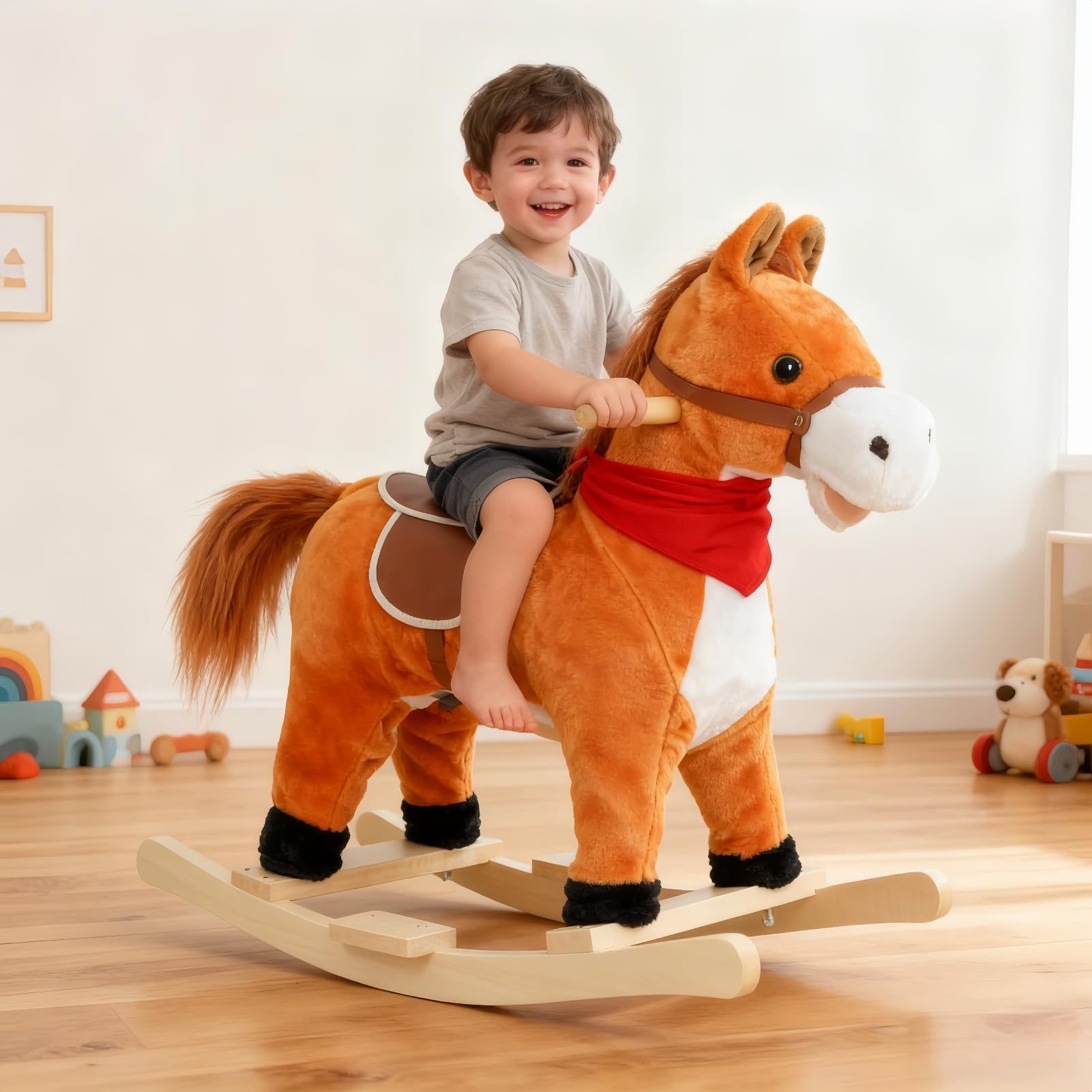 JENPECH Schaukelpferd Spielzeug für Kinder Plüschtier mit Holzwippen, beweglichem Mund und Wackelschwanz, Musikalische Geräusche, Babyschaukelstuhl, 120 kg Tragkraft, Alter 1-6 Jahre, Hellbraun Mitte