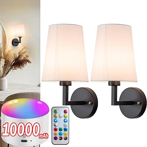 Miniatura 11 de Juego de 2 apliques de pared a pilas, 10000 mAh, luces de pared inalámbricas recargables con control remoto, 10 RGB regulables, decoración de pared