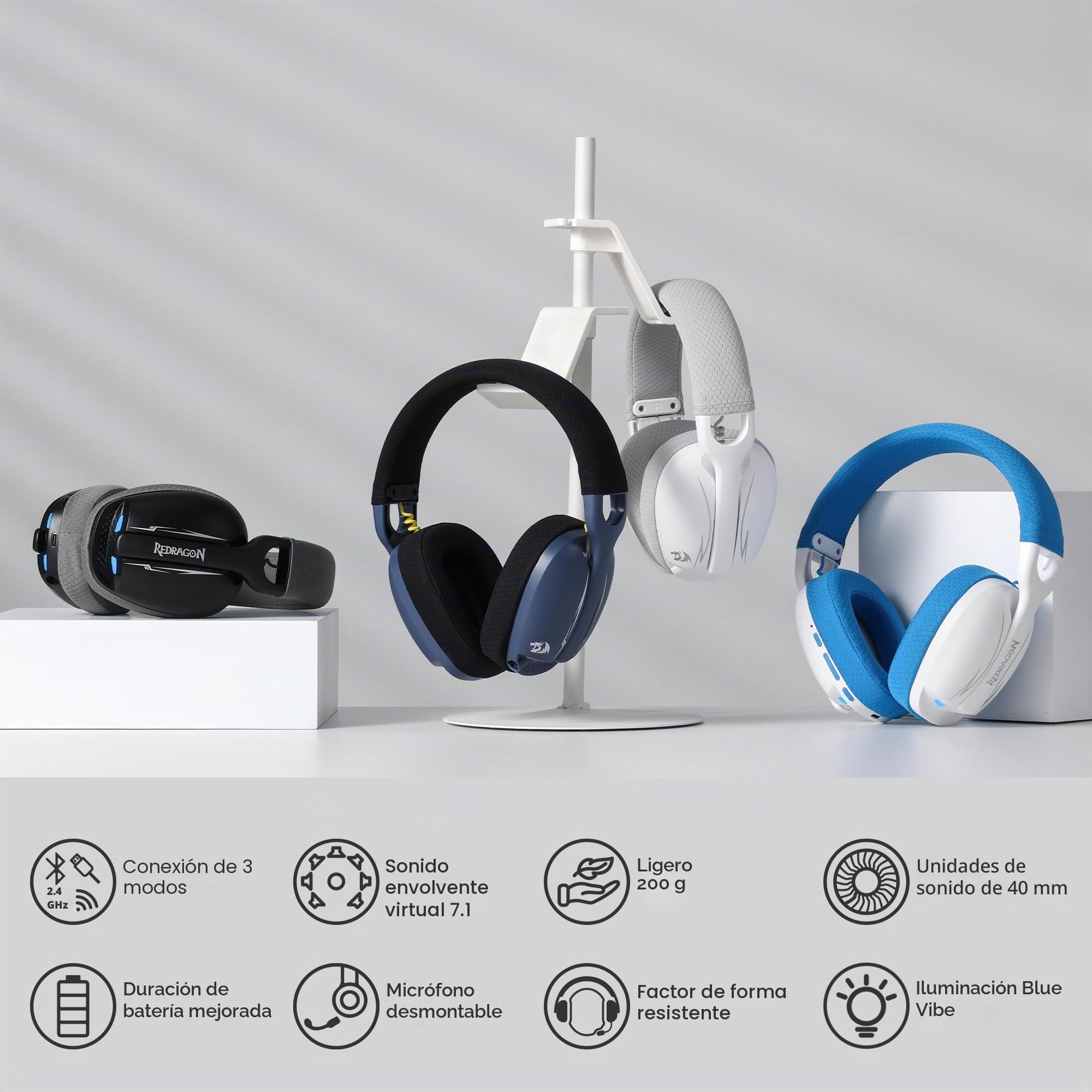 Redragon H878 Auriculares Gaming Inalámbricos 3 Modos 7.1 Blanco Azul | Iluminación Azul Sonido Surround 7.1 Controladores 40MM Micrófono Desmontable PC PS5 Móvil