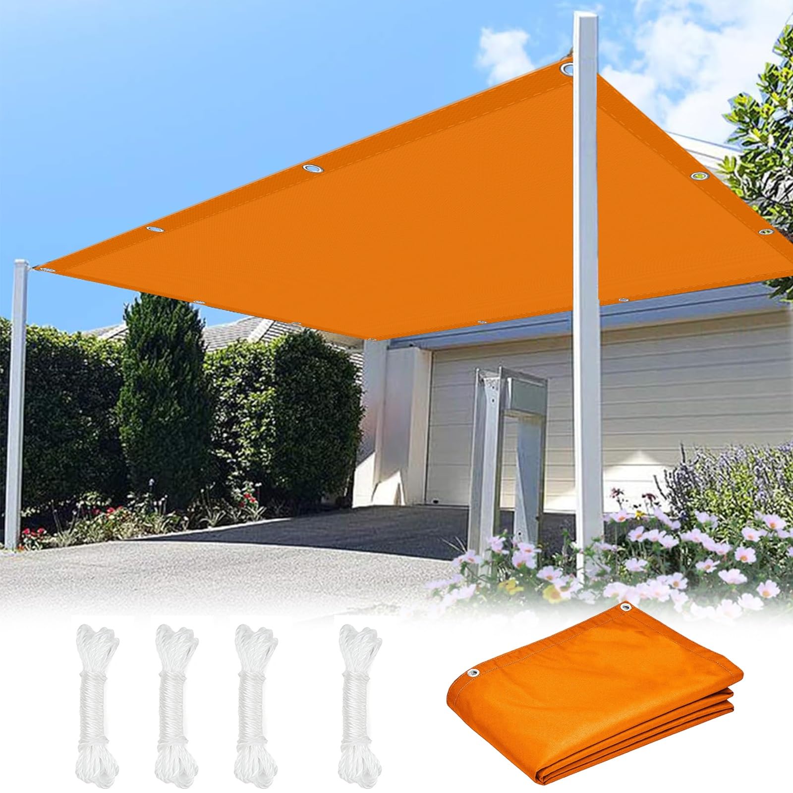 Toile ombrage orange pour aménager un patio ensoleillé et un coin fleurs