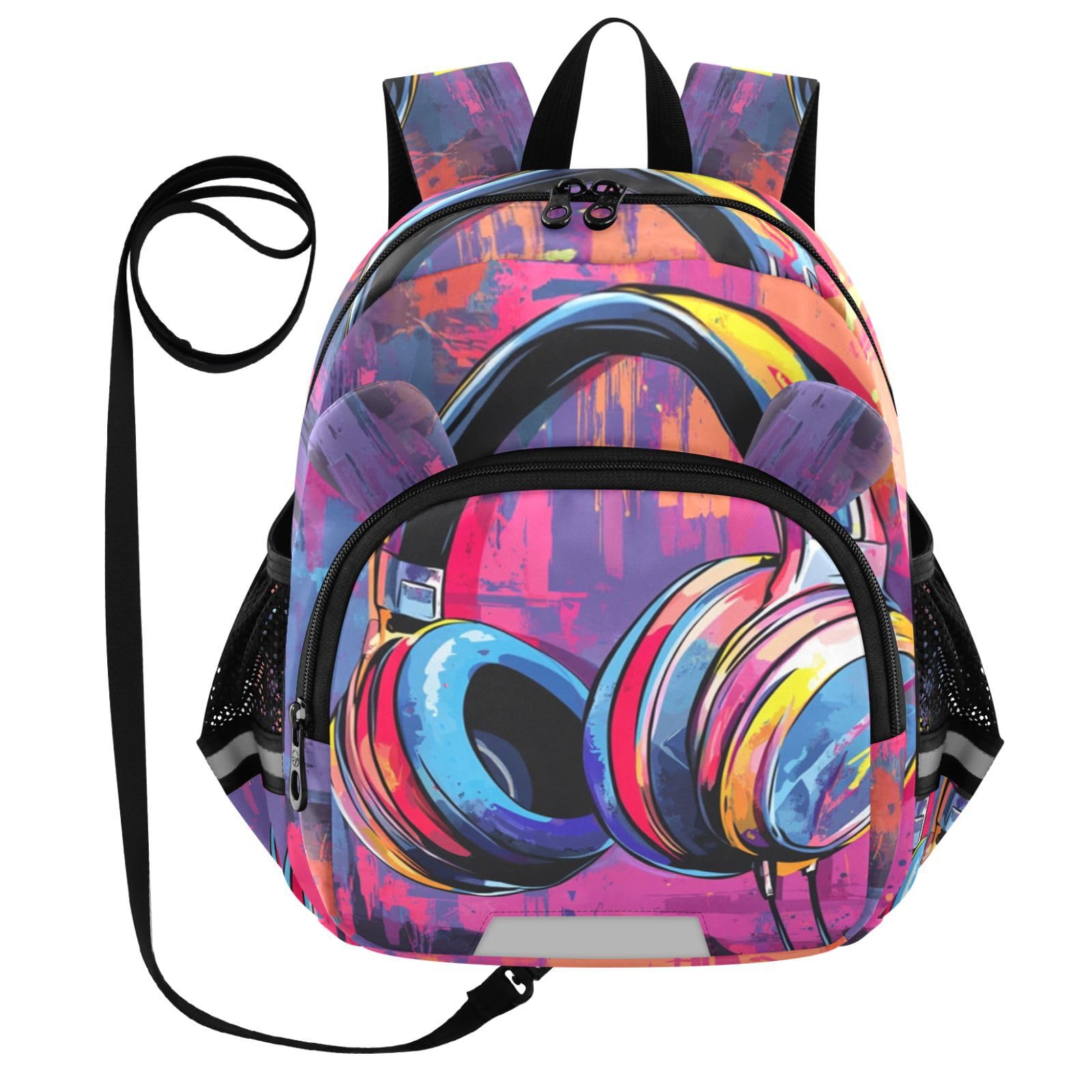 Abstract Headphone Vibrant Toddler Harness Backpack for Boys Girls 3-6 Years Kids Backpack with Anti Lost Safety Leash Baby Travel Bag for Preschool Travel Walking