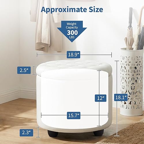 Miniatura 2 de Furniliving Otomana Redonda Tapizada con Botones Acolchados, Otomana Redonda de Almacenamiento de PU, Tapa Removible Reposapiés Convenientes,