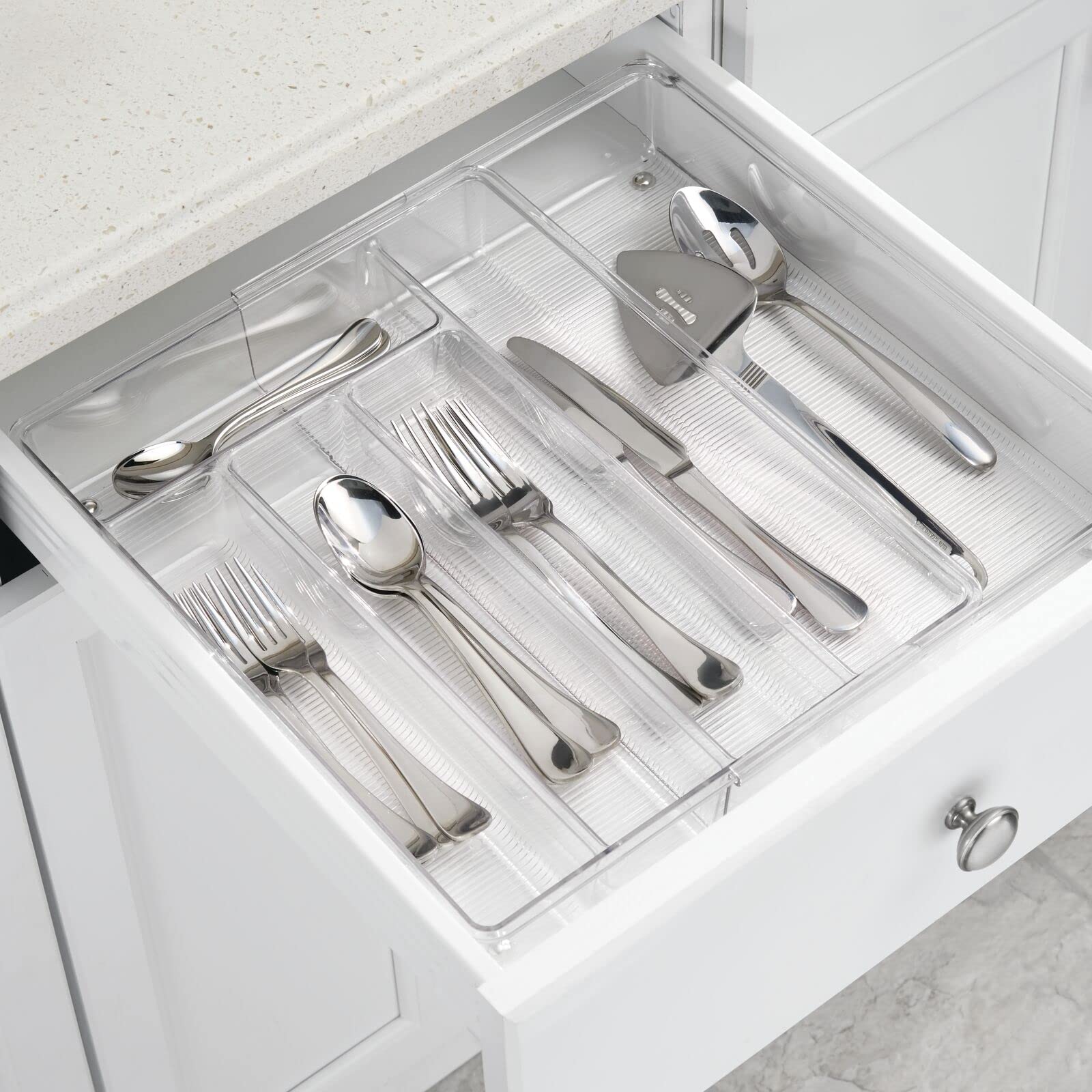 mDesign ausziehbarer Besteckkasten für Schublade und Küchenschrank – Küchen Organizer mit sechs Fächern aus BPA-freiem Kunststoff – Schubladeneinsatz für Küche, Bad und Büro – 2er-Set – durchsichtig