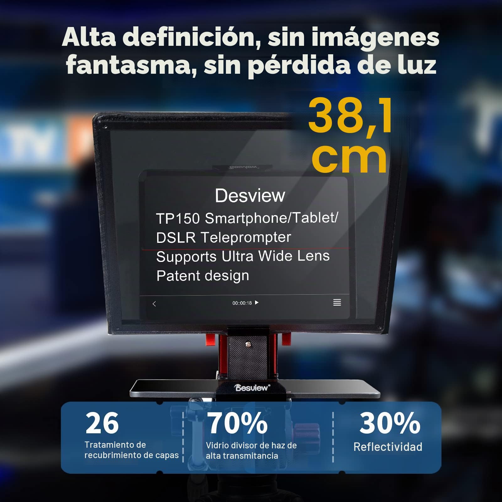 Desview TP150 Teleprompter 15 Pulgadas, Teleprompter elevable de aleación de Aluminio y Metal con aplicación de Control Remoto para grabación de vídeo con Lente Gran Angular de cámara DSLR