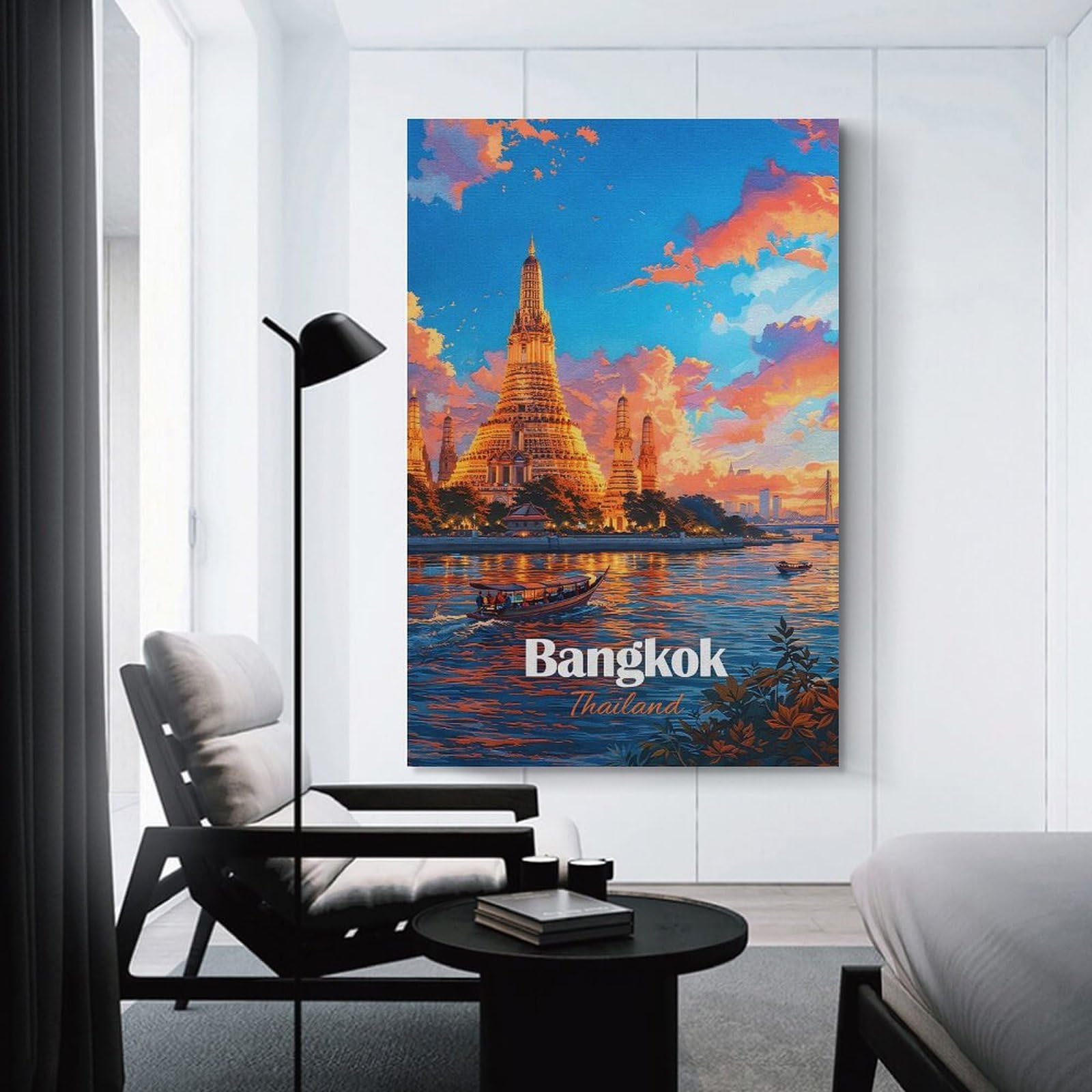 Junmoney Unframe-Style-1 Bangkok Thailand Wat Arun Sunset(2) Canvas Wall Decor, 20X30inch(50X75cm), For Flats, Guest Rooms Or Compact Rooms, Decorative Canvas Decor For Home Updates