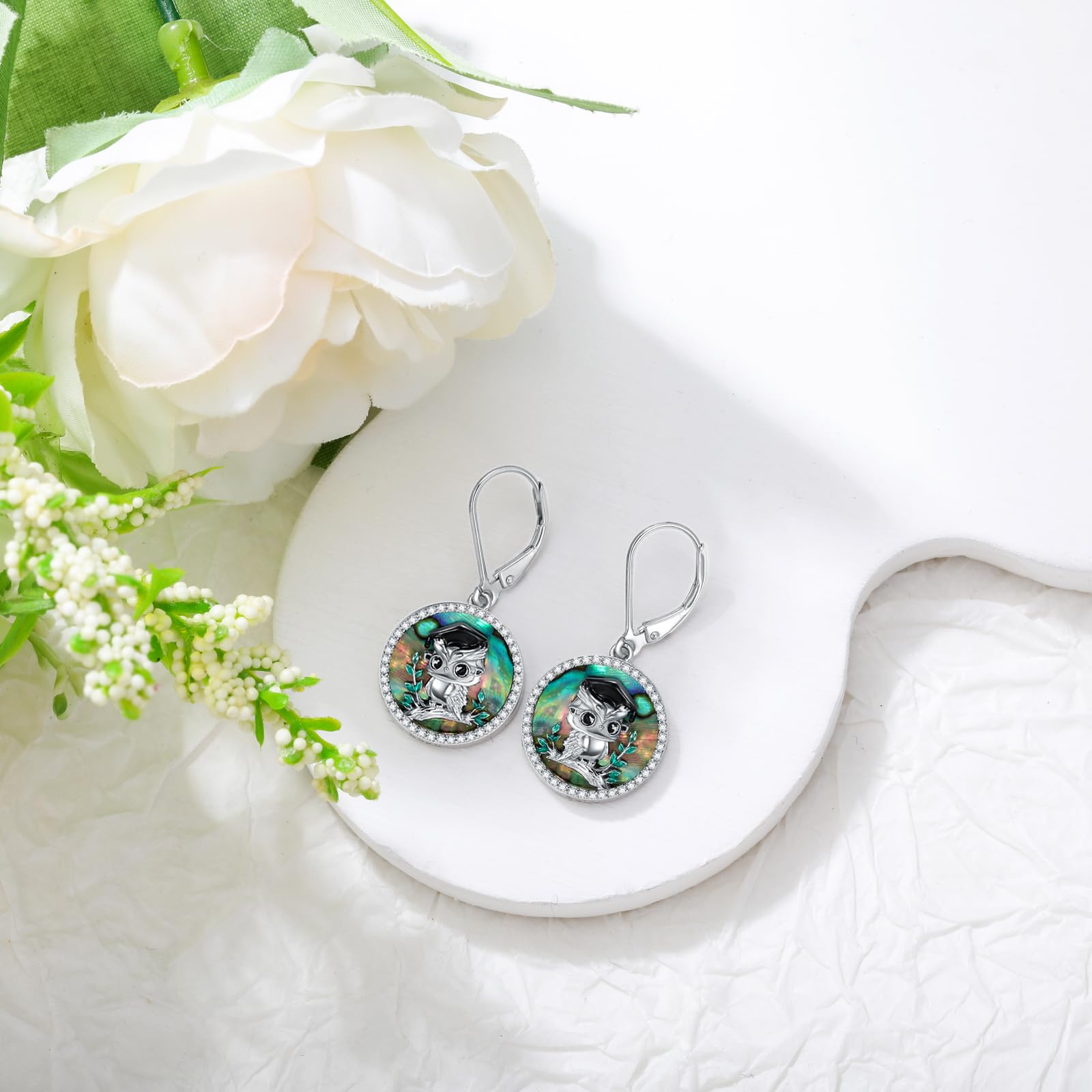 KZX Pendientes de búho para mujer, plata de ley 925, aretes colgantes de búho con concha de abulón, joyería de cumpleaños, día de Acción de Gracias, regalo para niña y esposa, Plata de ley, Sin piedra