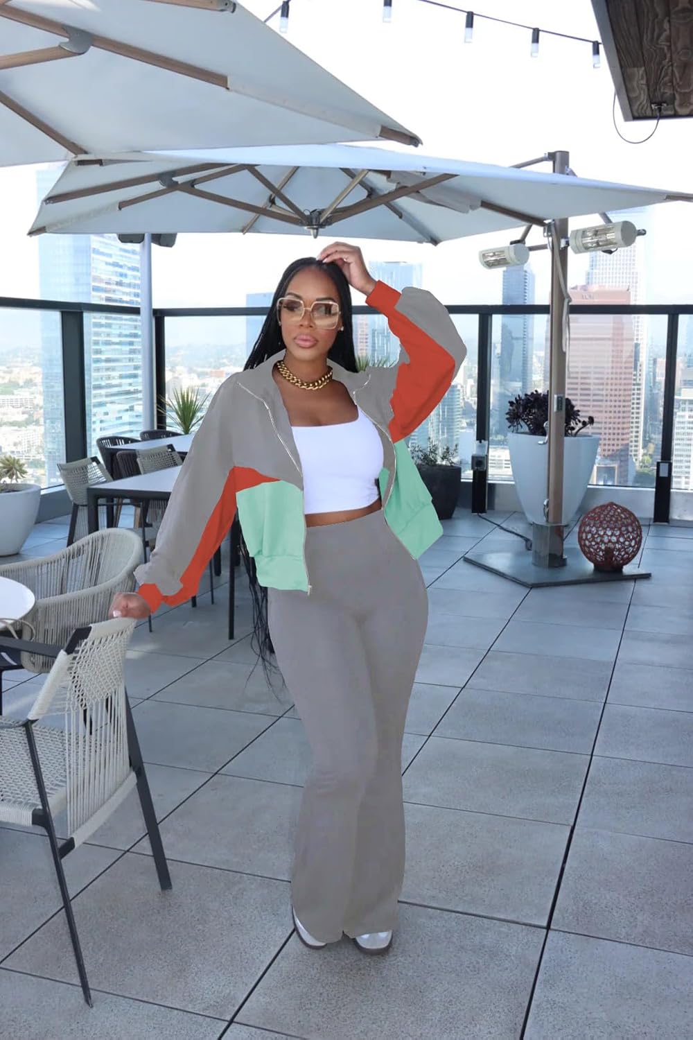 HBQ Women's Color Block 2 Piece Tracksuit Sets Long Sleeve Zip Up Crop Jacket and Flare Pants Casual Y2K Outfit - Image 5