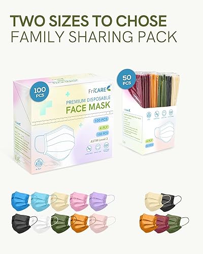 Miniatura 76 de FriCARE Mascarillas desechables para adultos, 4 capas ASTM nivel 3, protección contra alergias, envueltas individualmente, paquete de 50, surtido