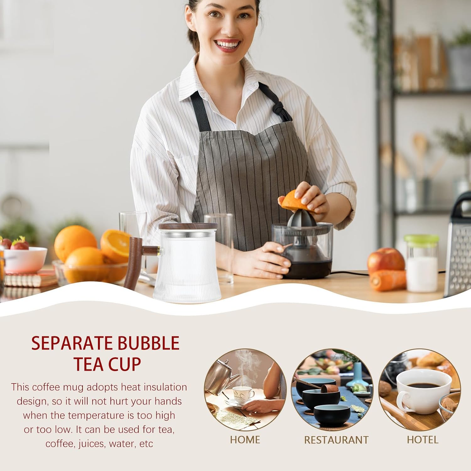 ARTIBETTER Glass Tea Cup with Wood Handle 500ml Vertical Striped with Infuser and Wood Lid, High Borosilicate Glass Mug Reasonable Design for Office and Home Tea Brewing