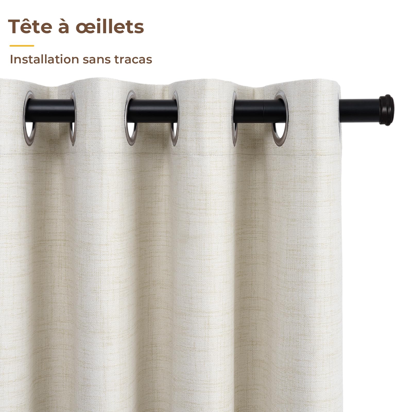 INOVADAY 100% Rideau Occultant Thermique Isolant Anti Froid et Chaleur 2 Panneaux 140x245 CM, Rideau Beige Clair Opaque Effet Lin à Oeillets Lumiere Anti-UV pour Salon et Chambre