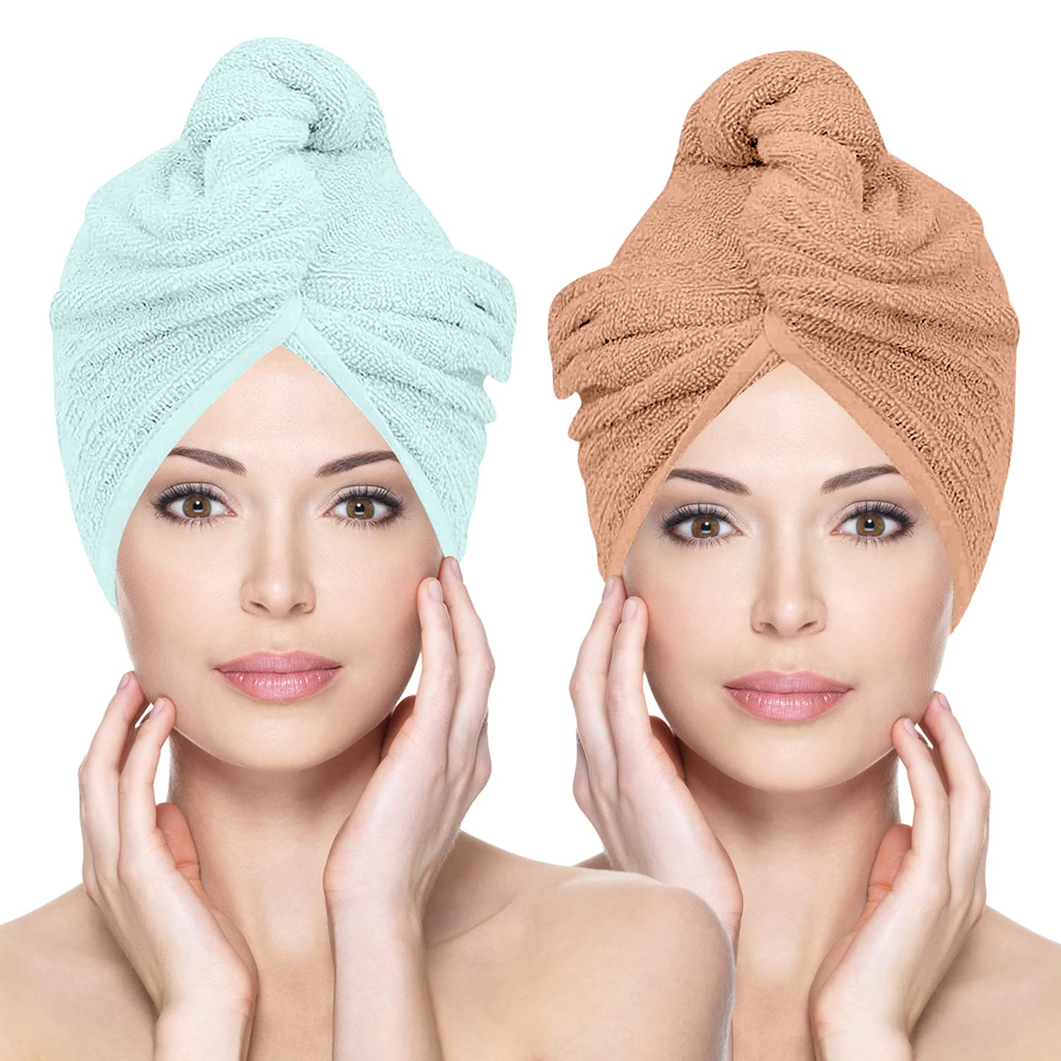 Glamza Microfibre Hair Towel Wrap Super Absorbing Twist Turban Hair Wrap with Buttons for Fast Drying Hair (2 PACK (LARGE) - GREEN & NUDE)