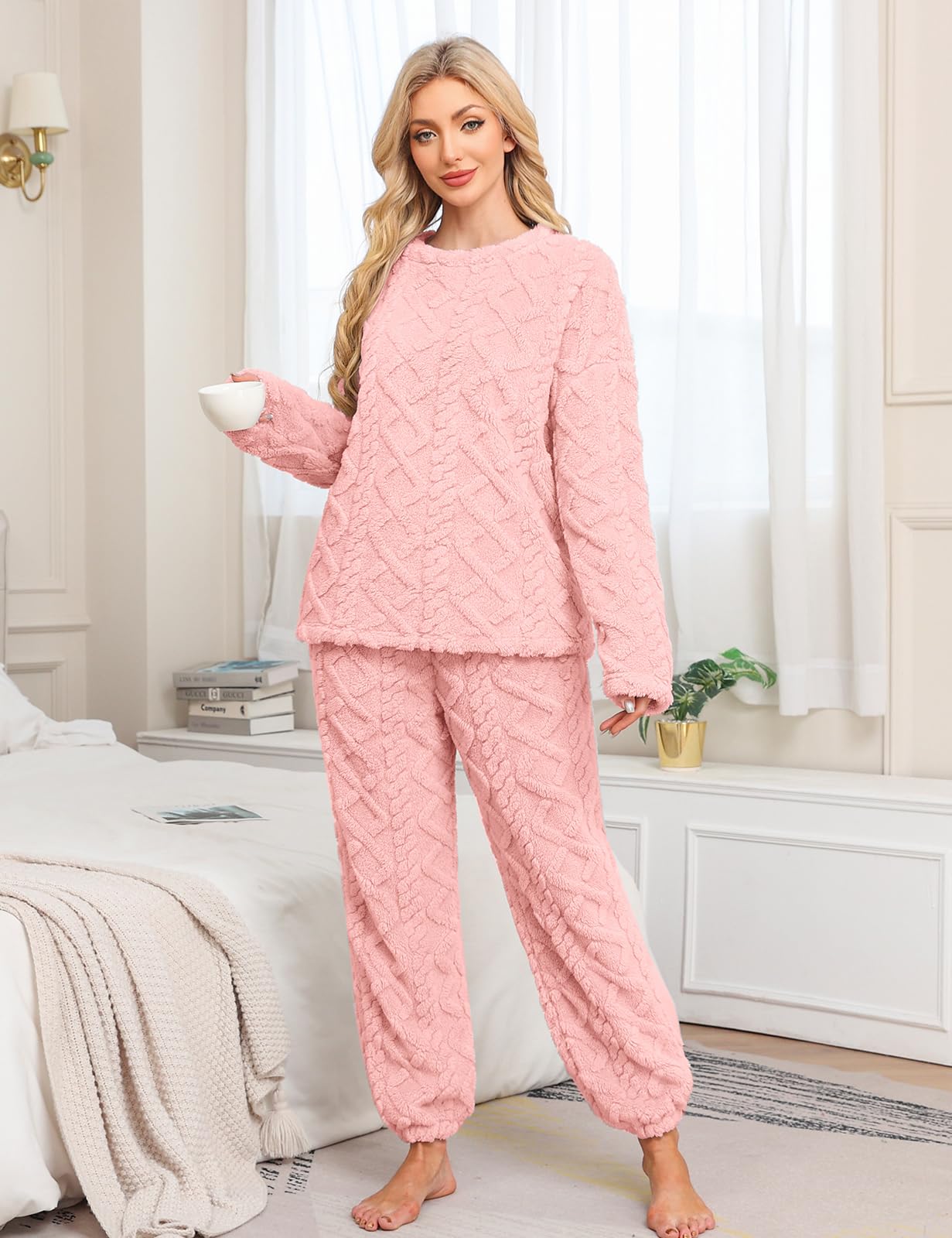 Niwicee Pigiama Donna Invernale Pile Pigiami Caldo Felpato Pigiama Flanella Donna Abbigliamento da Notte Lounge Pigiami Due Pezzi Felpa a Maniche Lunghe e Pantaloni con Tasche