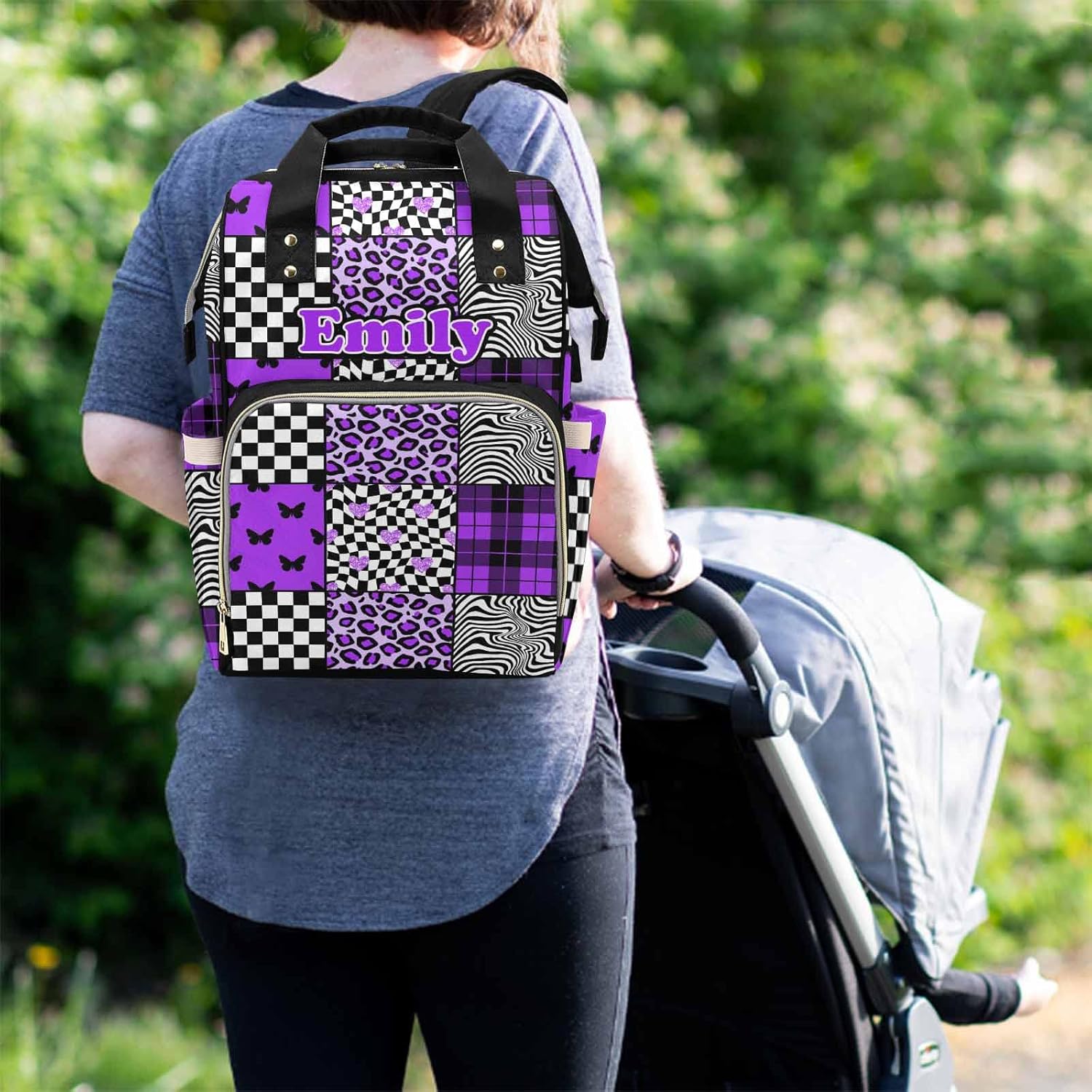 M YESCUSTOM Custom Name Mommy Backpack for Mom Wife Personalized Purple Splicing Pattern Diaper Bag Customized Travel Gift for Women