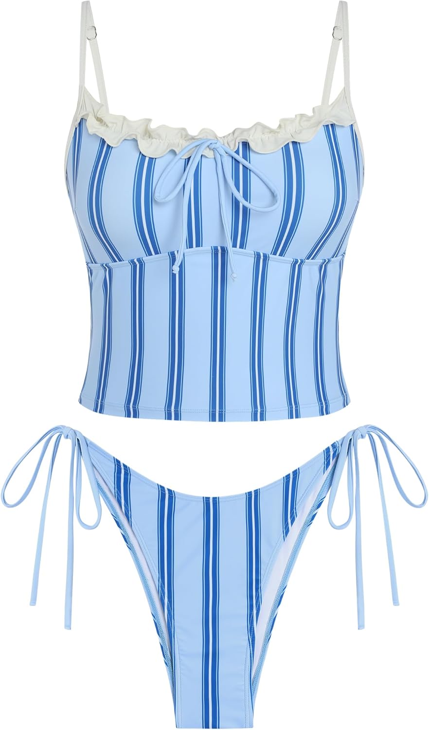ZAFUL Tankini Swimsuits for Women Tie Front Tummy Control Spliced Ruffles Bikini Sets Two Piece Bathing Suits