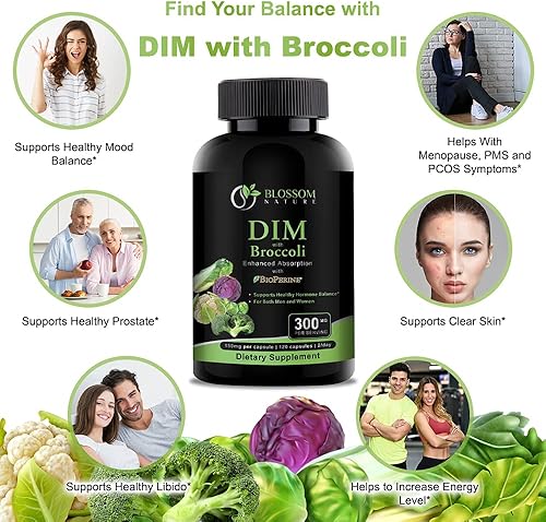 Miniatura 3 de Suplemento DIM de 300 mg con brócoli 200 mg BioPerine 10 mg de equilibrio hormonal y estrógeno para mujeres y hombres, alivio de la menopausia,