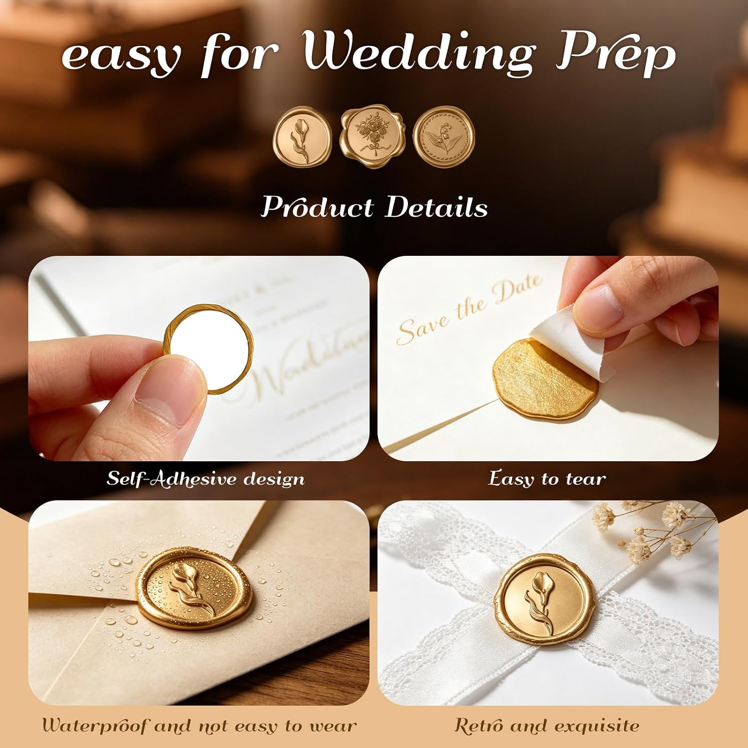 60PCS Floral Wax Seal Sticker Set for Wedding Invitations, Self Adhesive Envelope Seal Stickers with Lily of the Valley, Calla Lily and Bouquet Designs for Cards, Gifts and Envelopes (Gold)